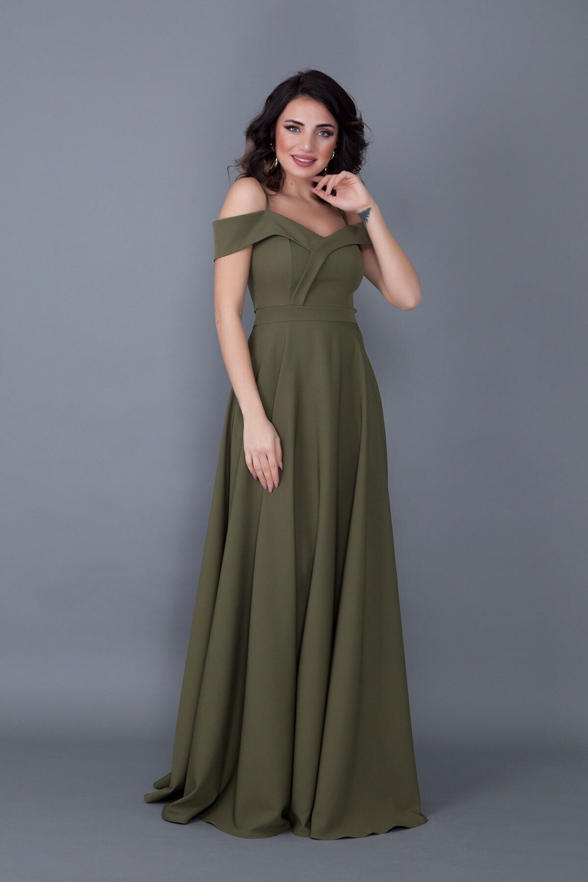 Long Flared Strappy Drop-Shoulder Evening Dress - Khaki - Bidoluelbise