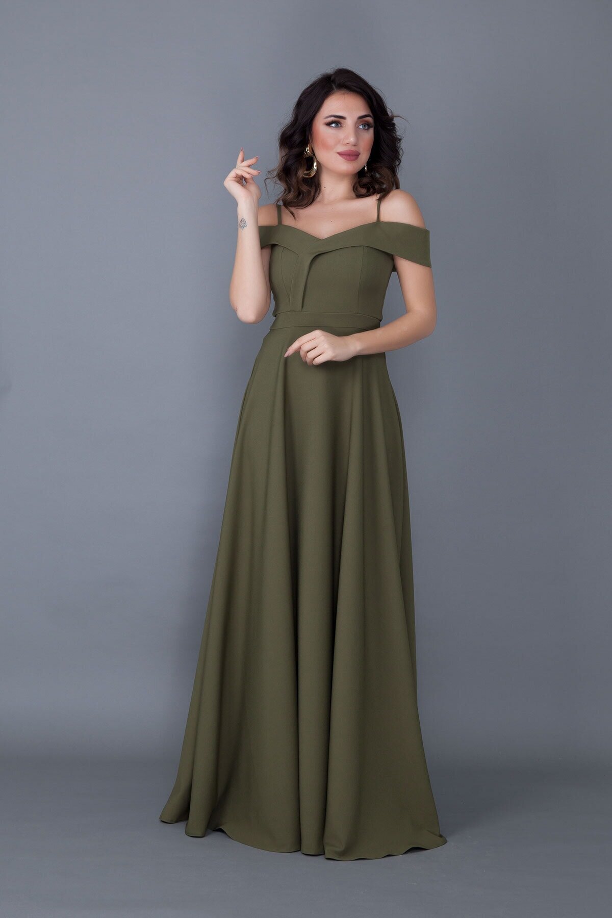 Long Flared Strappy Drop-Shoulder Evening Dress - Khaki - Bidoluelbise