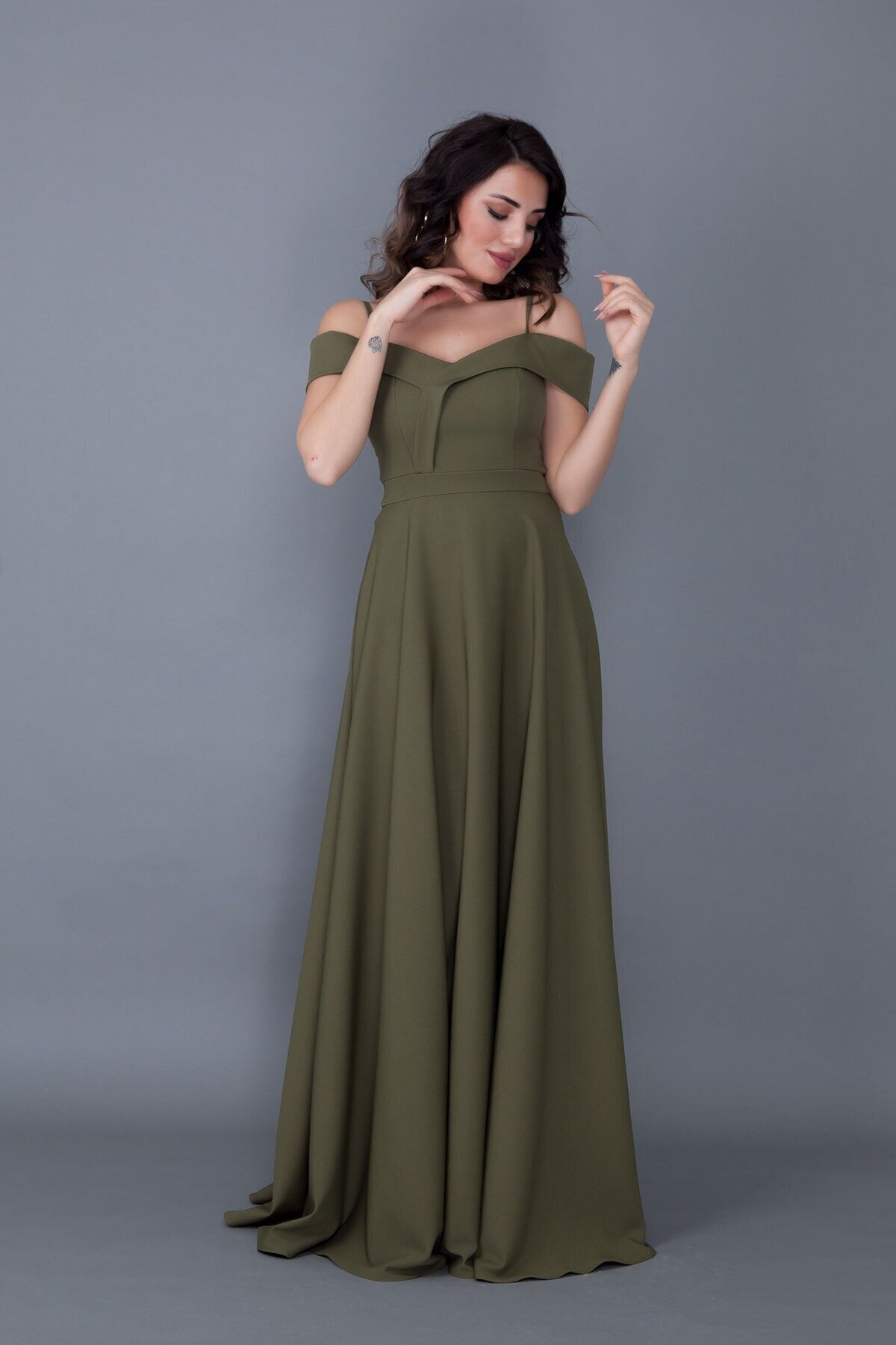 Long Flared Strappy Drop-Shoulder Evening Dress - Khaki - Bidoluelbise