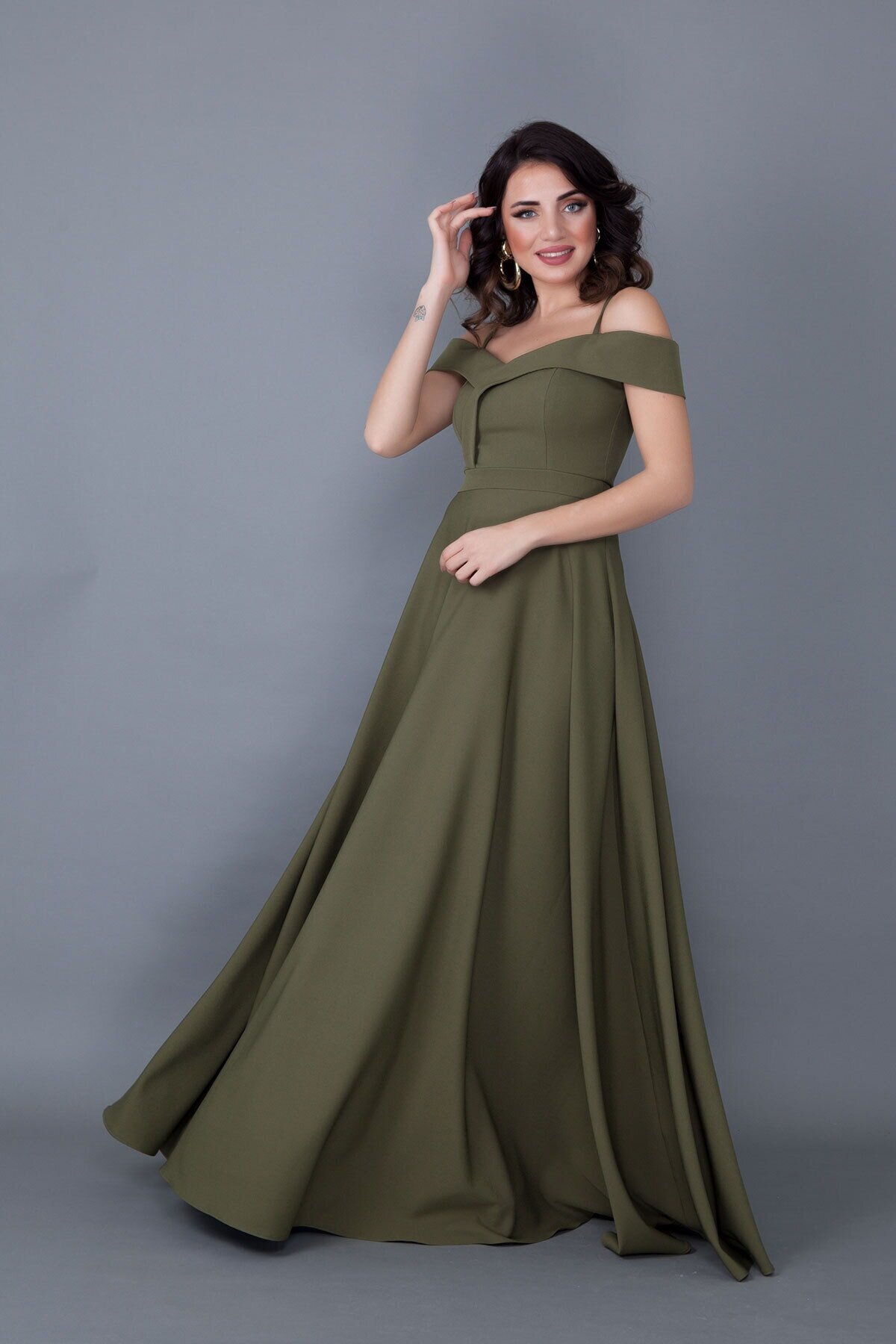 Long Flared Strappy Drop-Shoulder Evening Dress - Khaki - Bidoluelbise