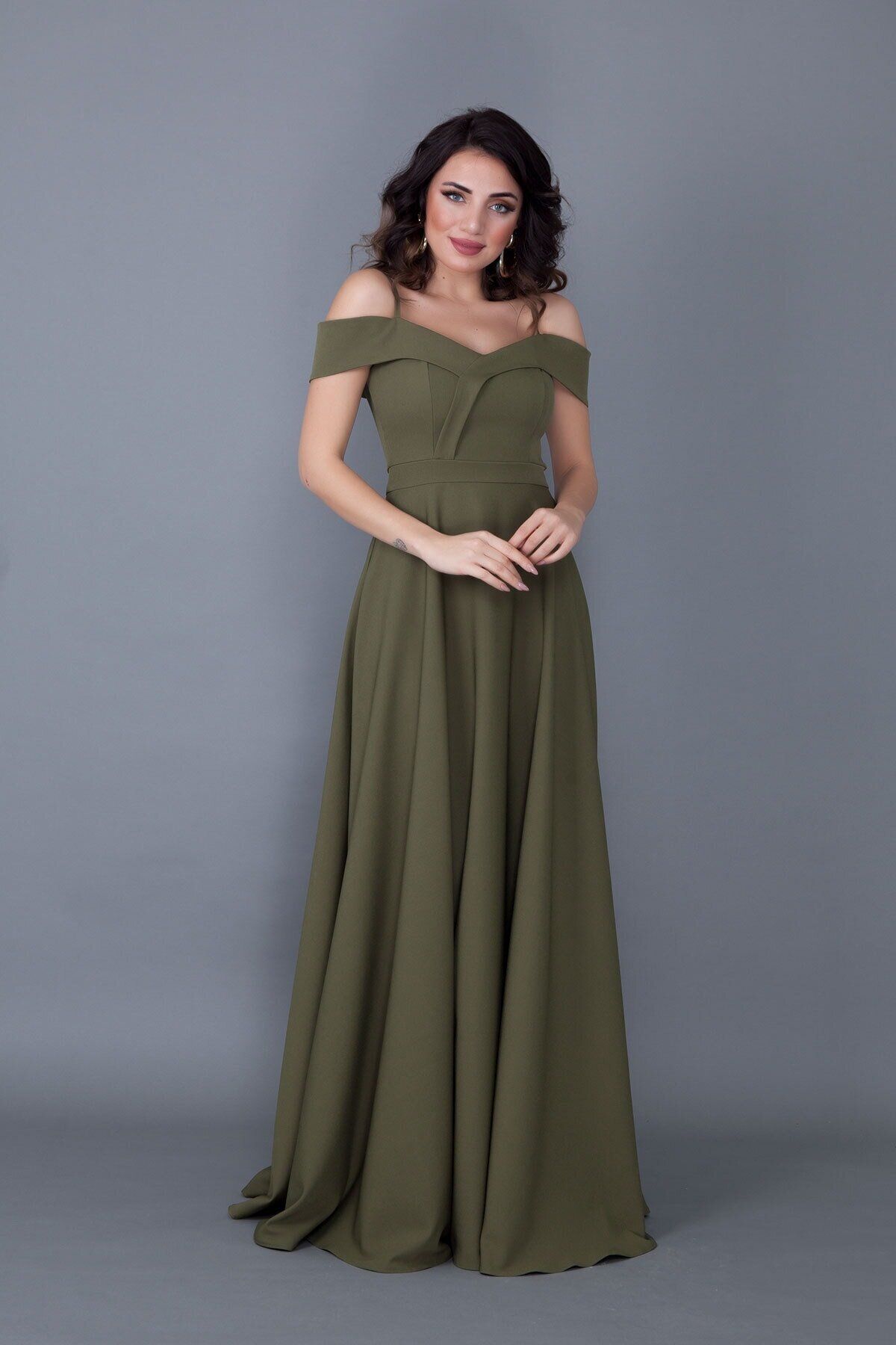 Long Flared Strappy Drop-Shoulder Evening Dress - Khaki - Bidoluelbise
