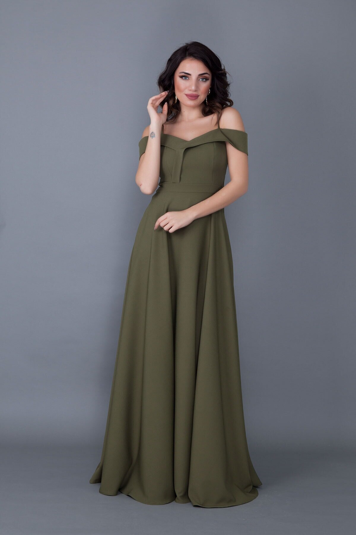 Long Flared Strappy Drop-Shoulder Evening Dress - Khaki - Bidoluelbise