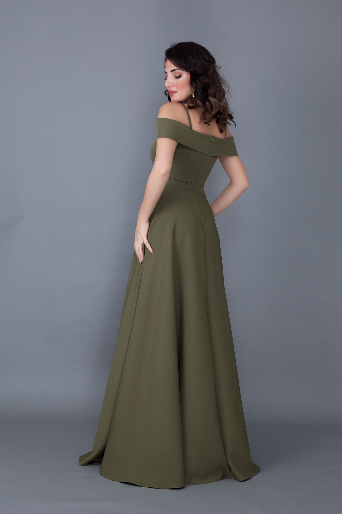 Long Flared Strappy Drop-Shoulder Evening Dress - Khaki - Bidoluelbise
