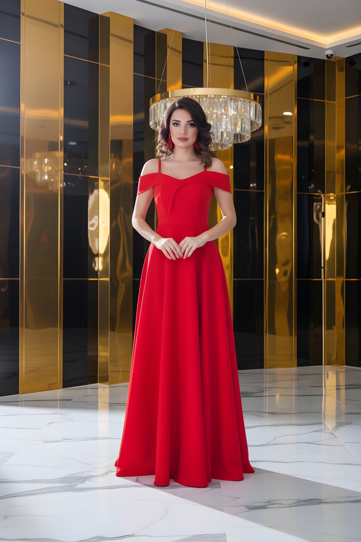 Long Flared Strappy Off-Shoulder Evening Dress - Red - Bidoluelbise