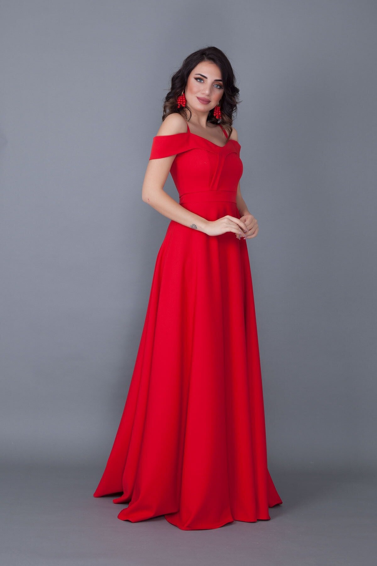 Long Flared Strappy Off-Shoulder Evening Dress - Red - Bidoluelbise