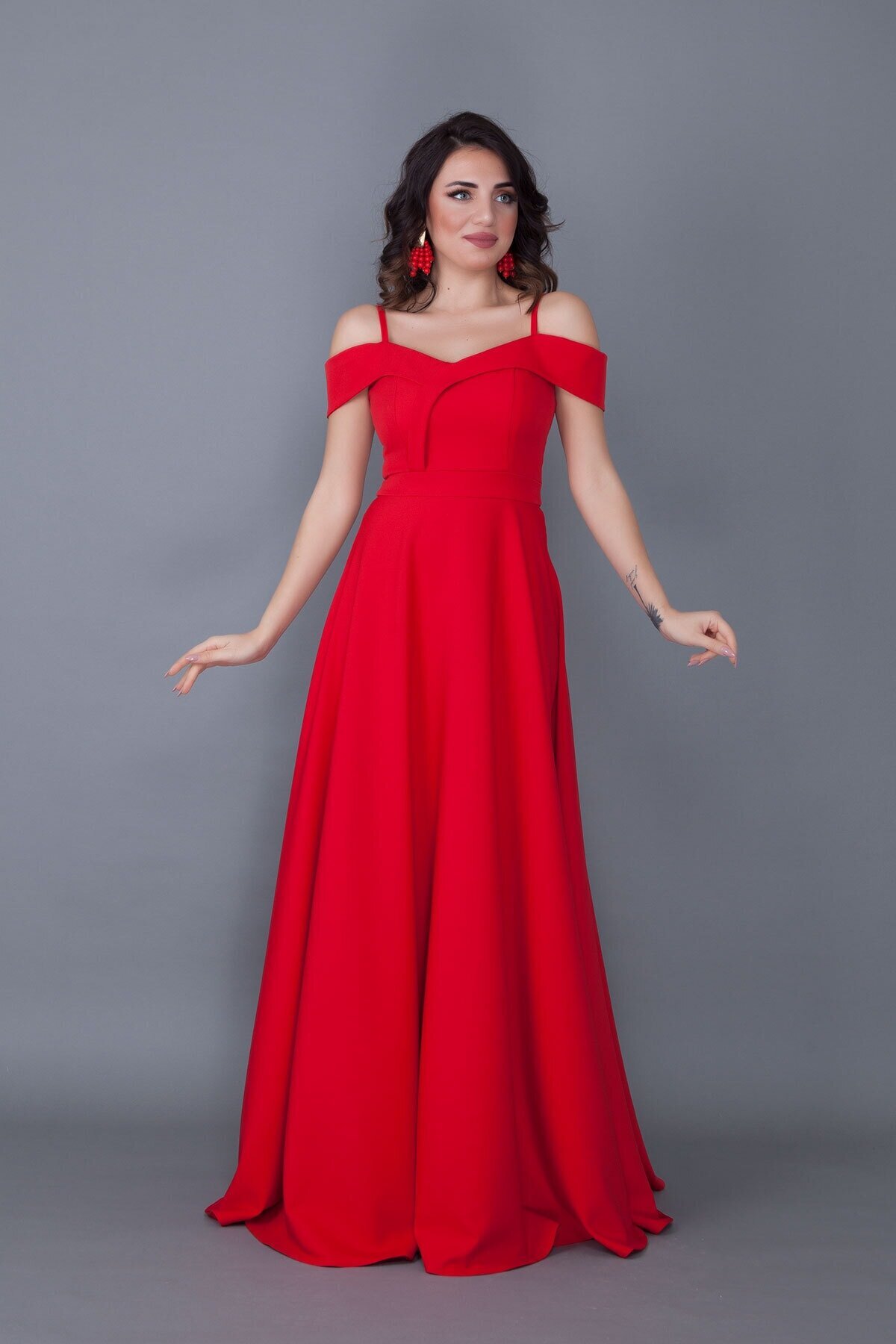Long Flared Strappy Off-Shoulder Evening Dress - Red - Bidoluelbise