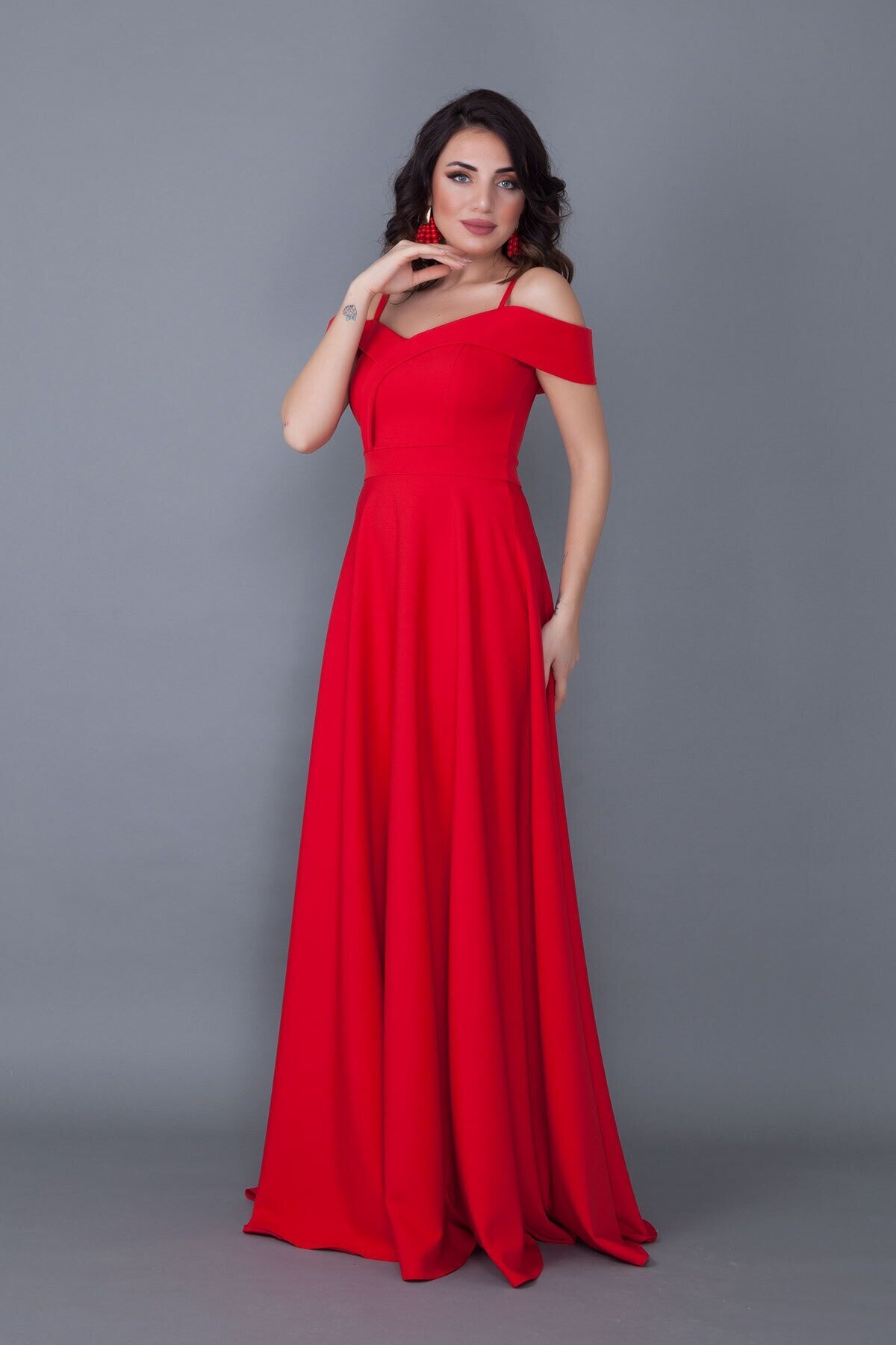 Long Flared Strappy Off-Shoulder Evening Dress - Red - Bidoluelbise