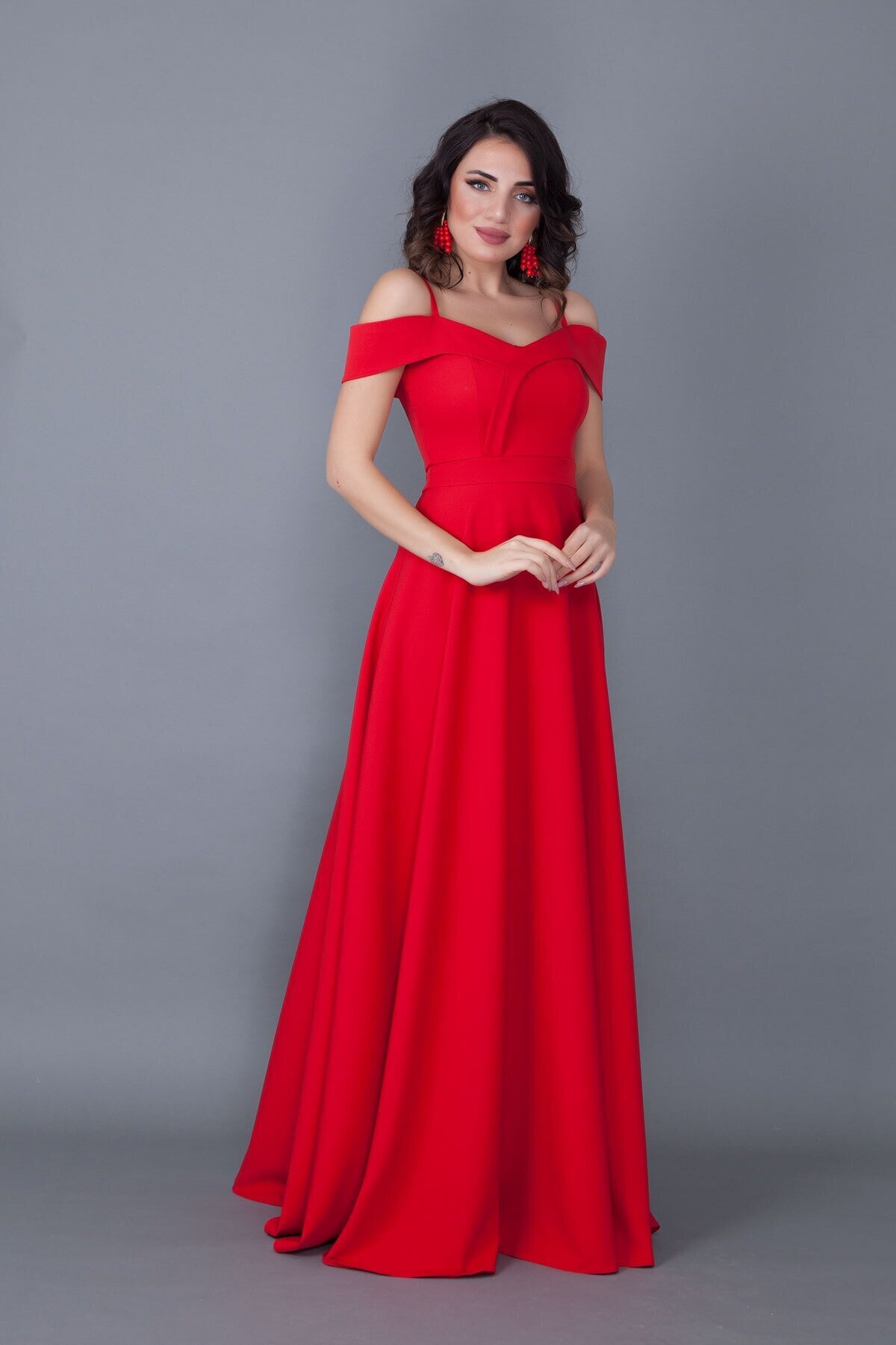 Long Flared Strappy Off-Shoulder Evening Dress - Red - Bidoluelbise