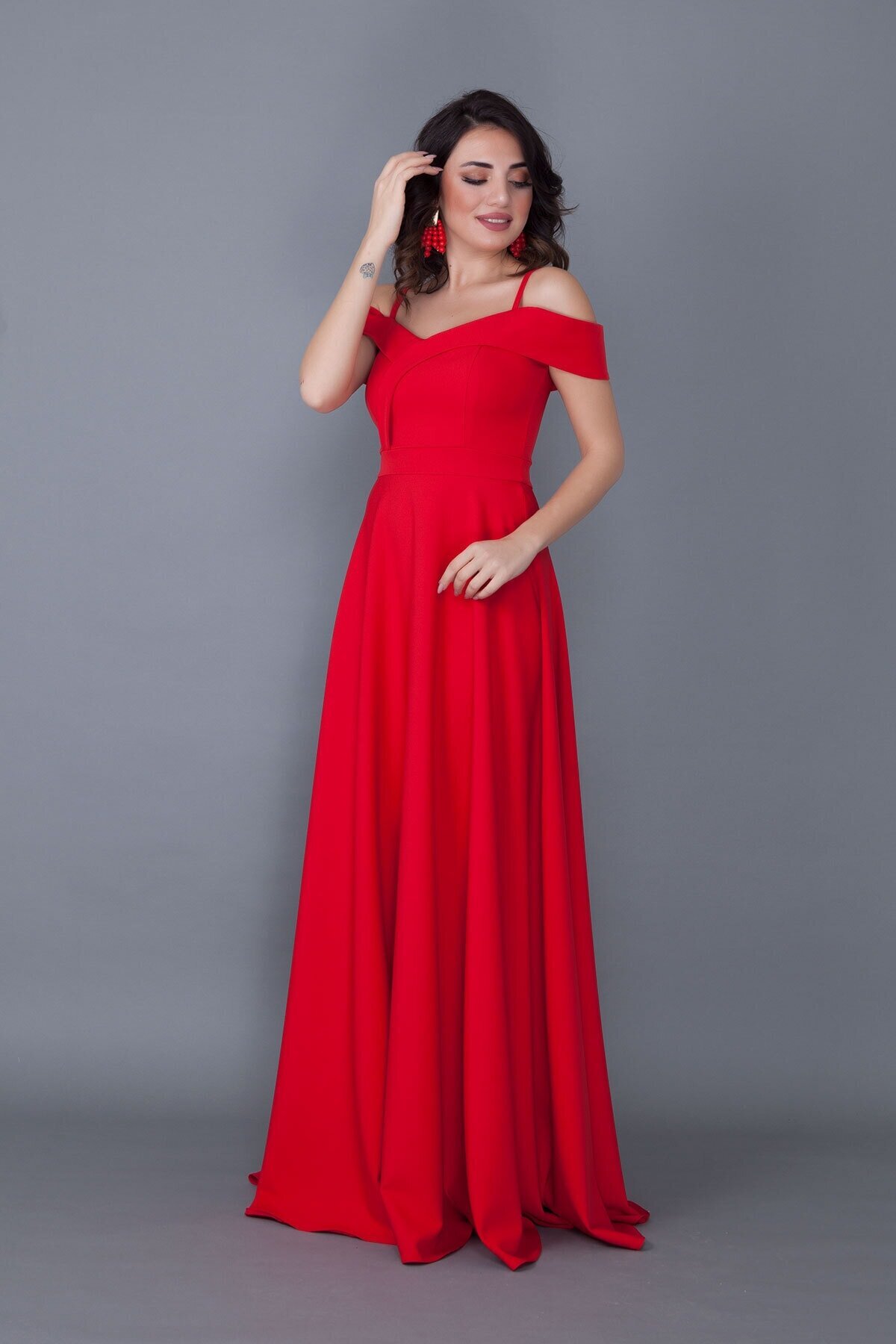 Long Flared Strappy Off-Shoulder Evening Dress - Red - Bidoluelbise