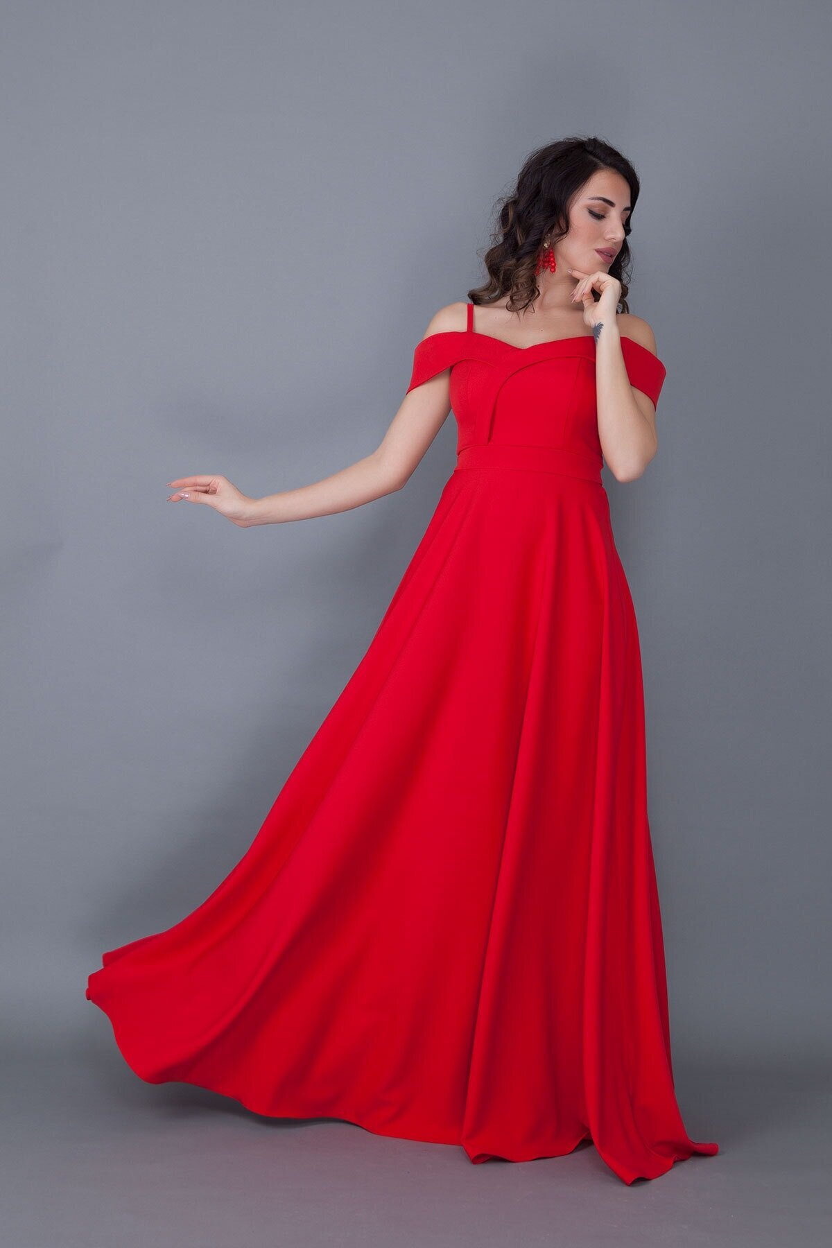 Long Flared Strappy Off-Shoulder Evening Dress - Red - Bidoluelbise