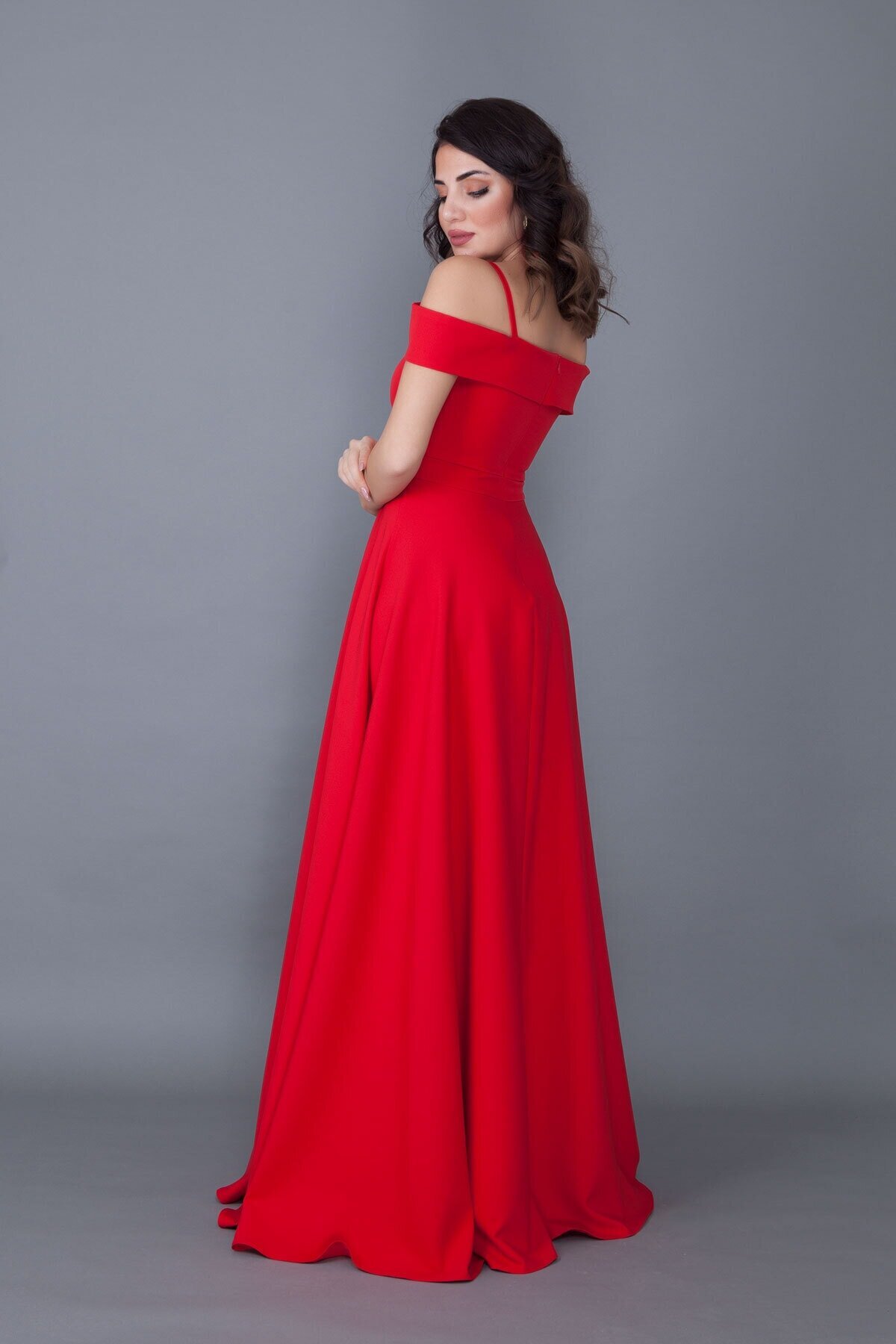 Long Flared Strappy Off-Shoulder Evening Dress - Red - Bidoluelbise