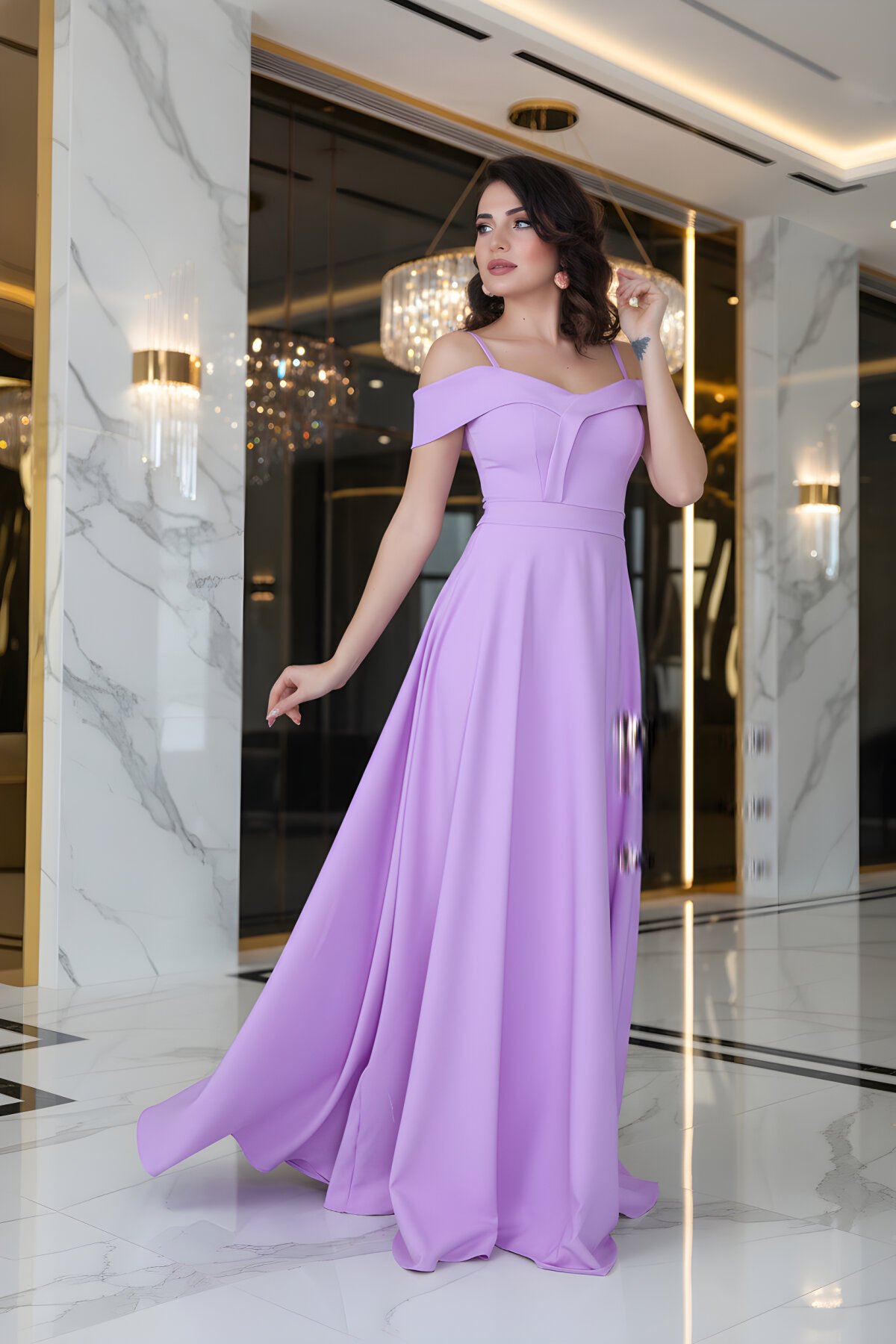 Long Flared Off-Shoulder Detail Evening Dress - Lilac - Bidoluelbise