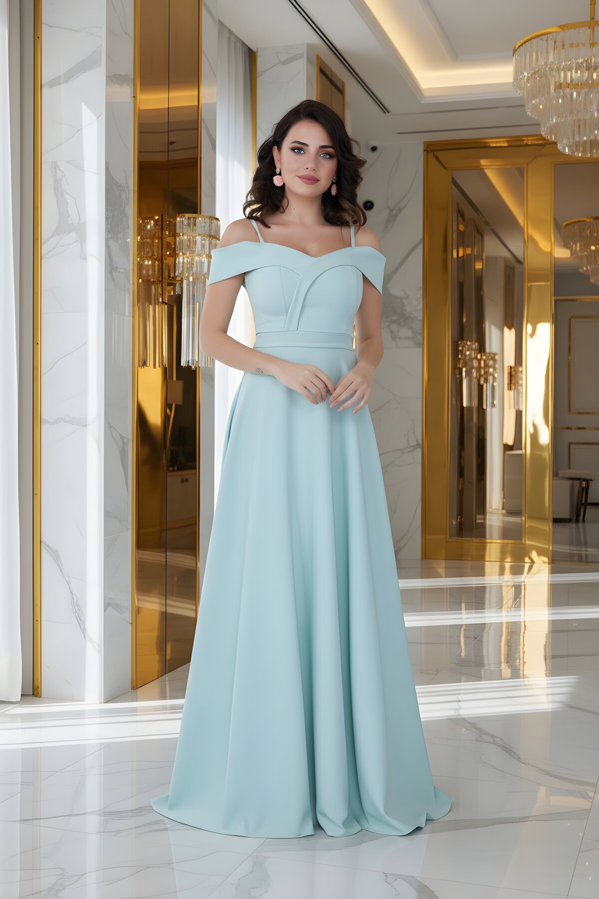 Long Flared Strappy Drop-Shoulder Evening Dress - Mint Green - Bidoluelbise