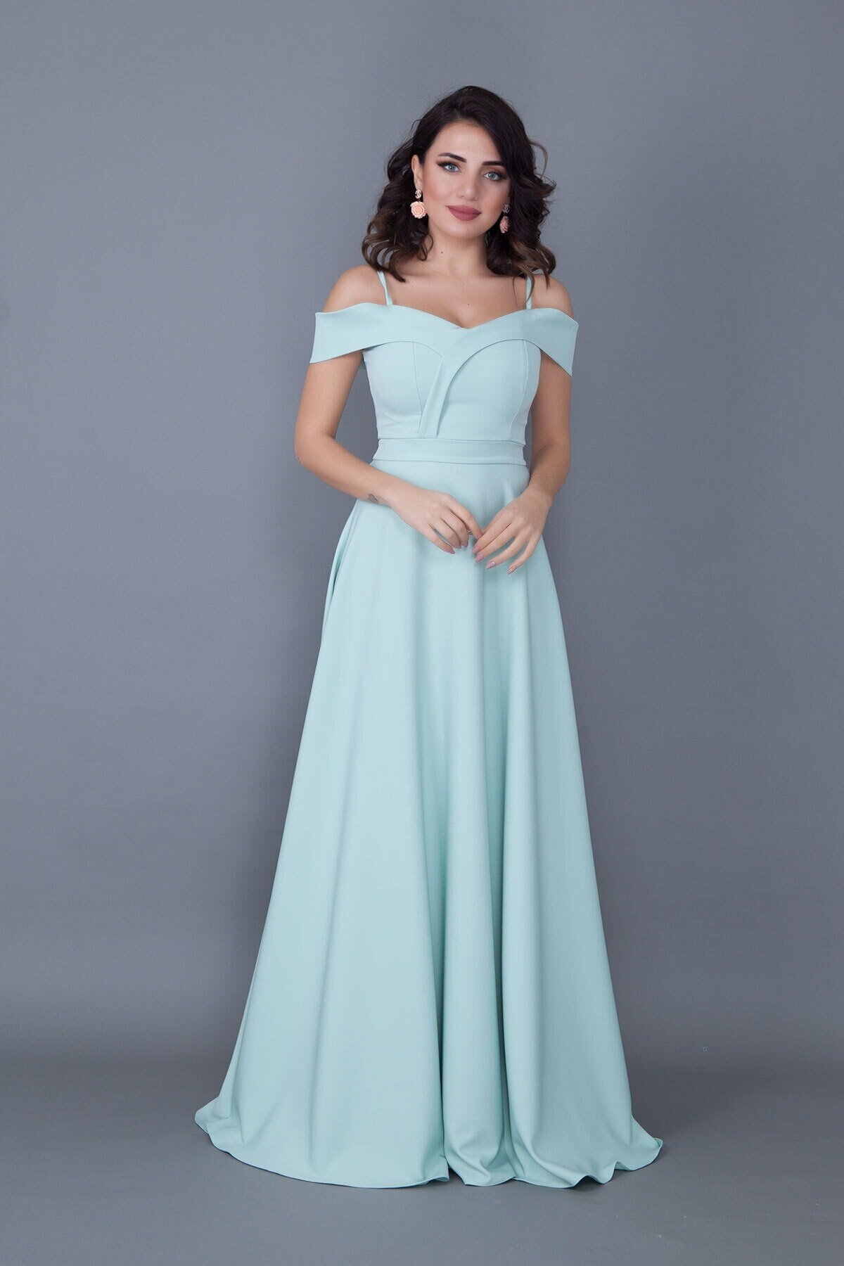 Long Flared Strappy Drop-Shoulder Evening Dress - Mint Green - Bidoluelbise