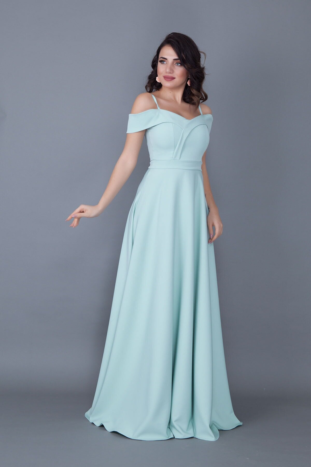 Long Flared Strappy Drop-Shoulder Evening Dress - Mint Green - Bidoluelbise