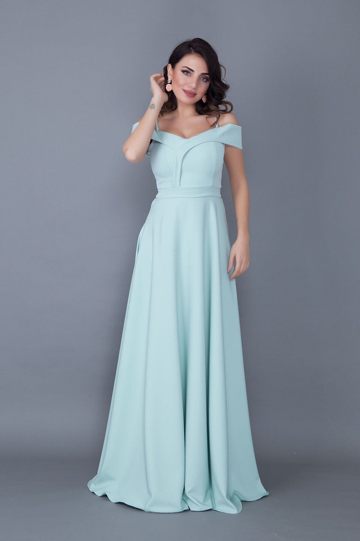 Long Flared Strappy Drop-Shoulder Evening Dress - Mint Green - Bidoluelbise