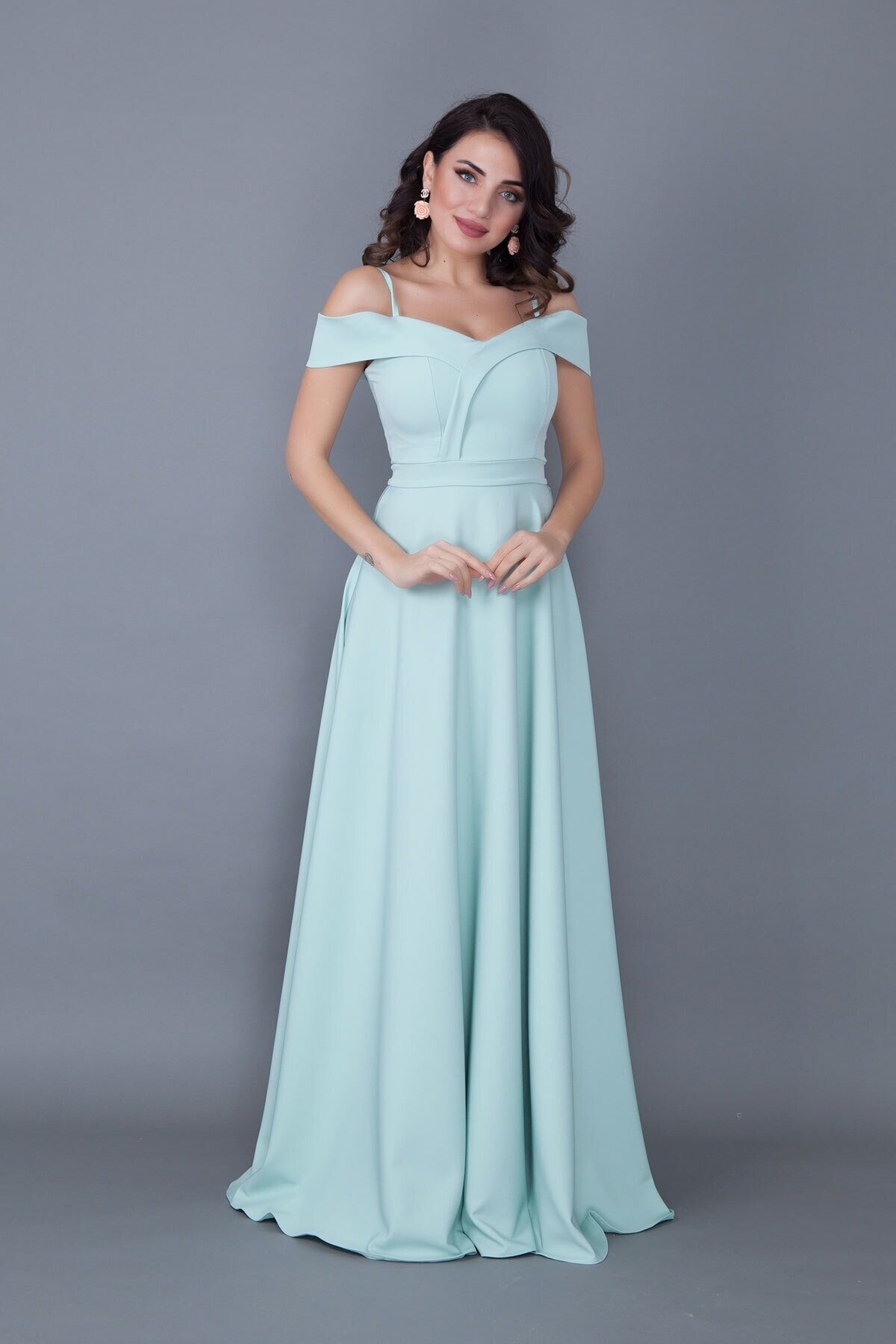 Long Flared Strappy Drop-Shoulder Evening Dress - Mint Green - Bidoluelbise