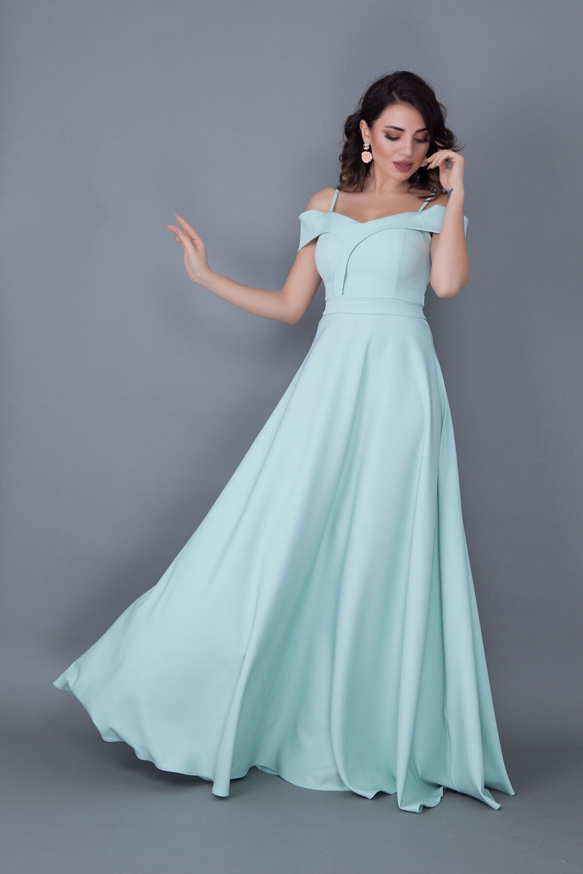 Long Flared Strappy Drop-Shoulder Evening Dress - Mint Green - Bidoluelbise