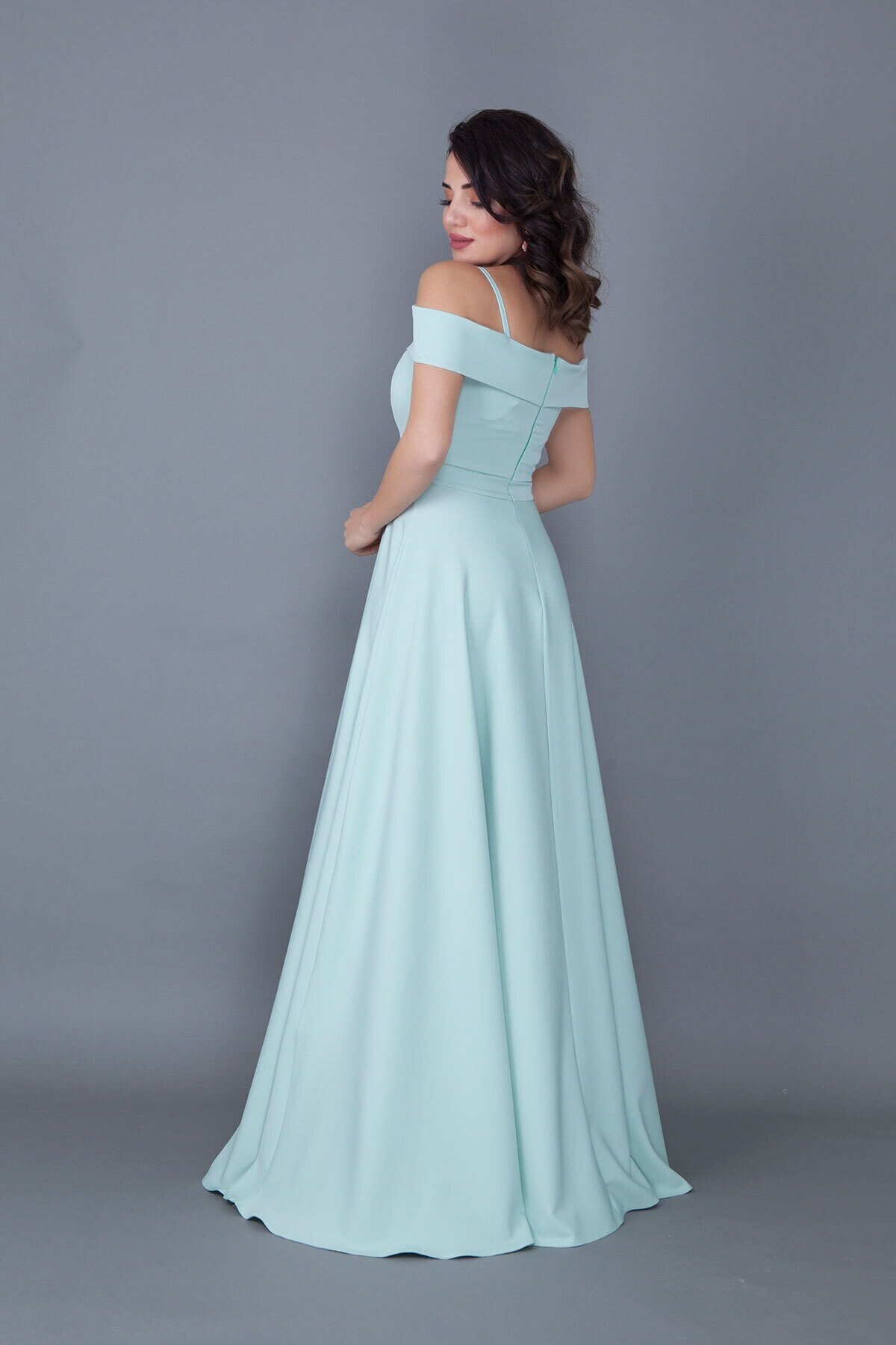 Long Flared Strappy Drop-Shoulder Evening Dress - Mint Green - Bidoluelbise