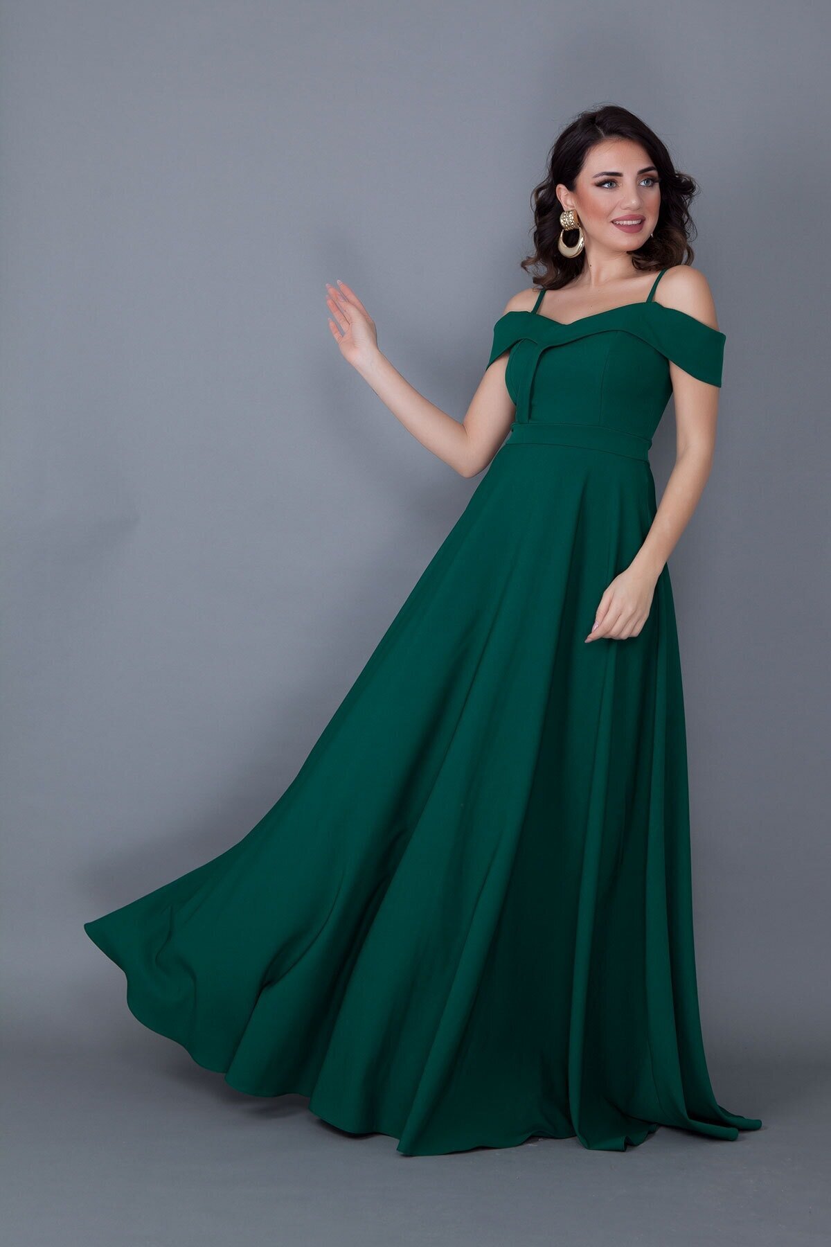 Long Flared Strappy Off-Shoulder Detail Evening Dress - Emerald Green - Bidoluelbise