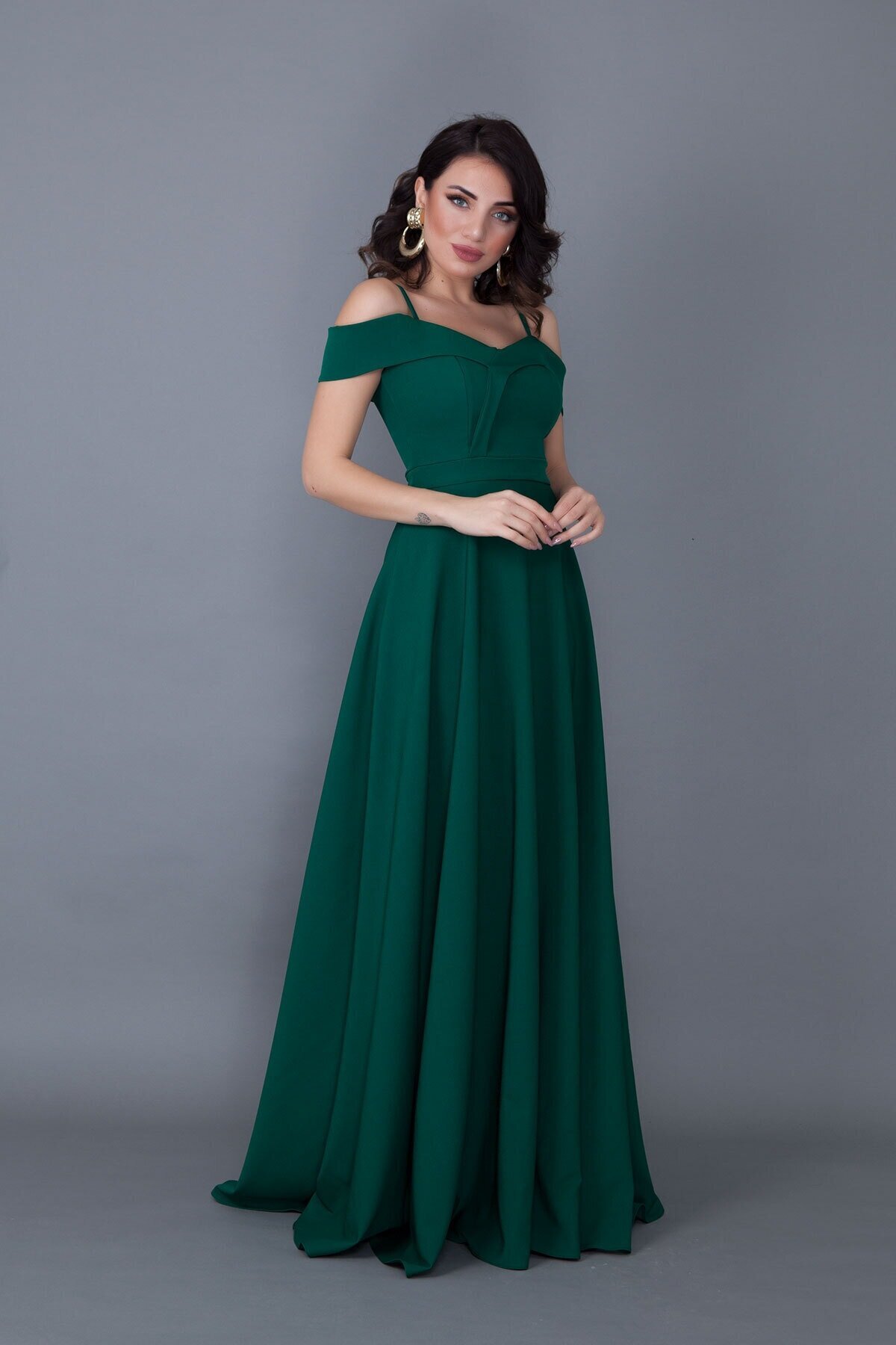 Long Flared Strappy Off-Shoulder Detail Evening Dress - Emerald Green - Bidoluelbise