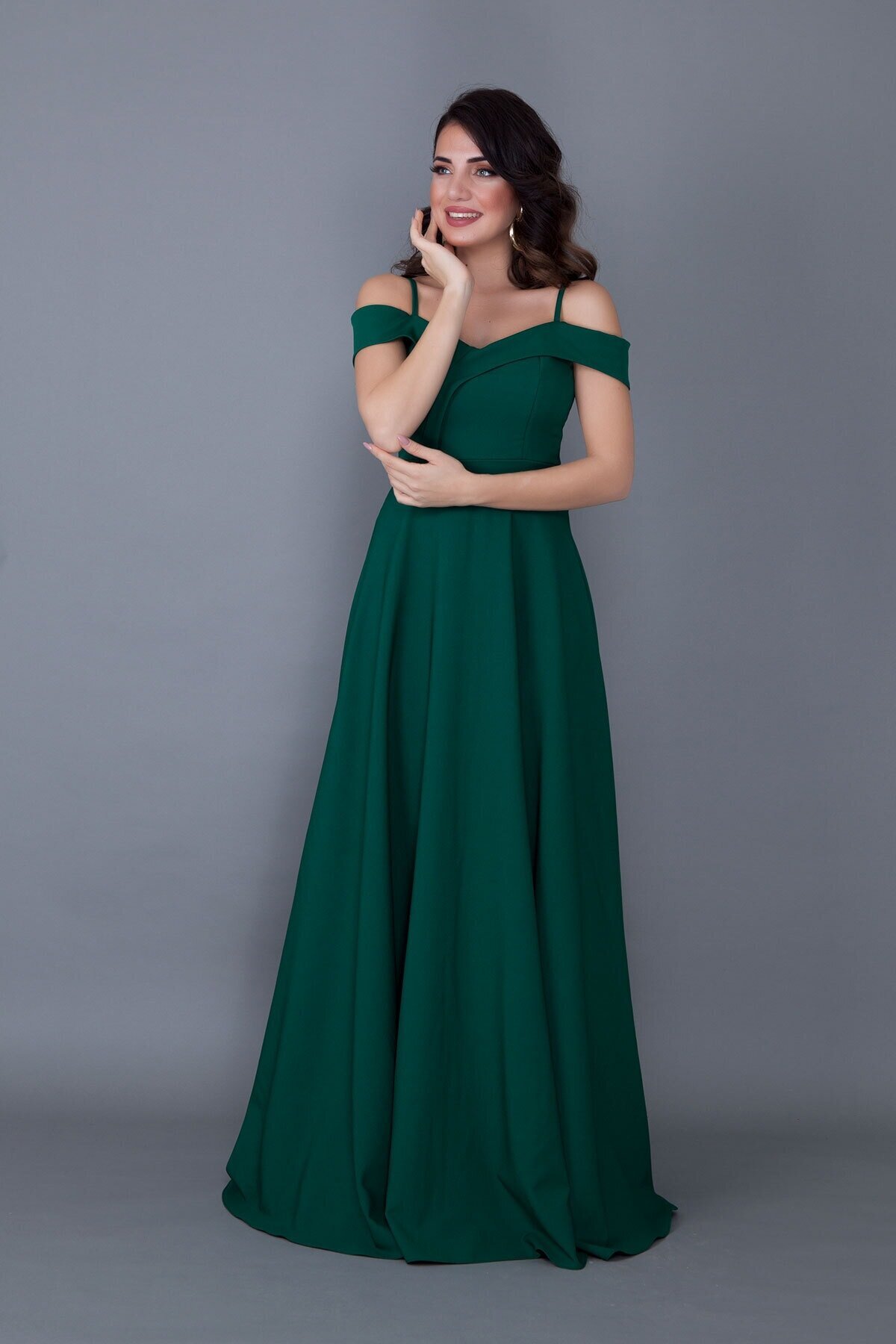 Long Flared Strappy Off-Shoulder Detail Evening Dress - Emerald Green - Bidoluelbise
