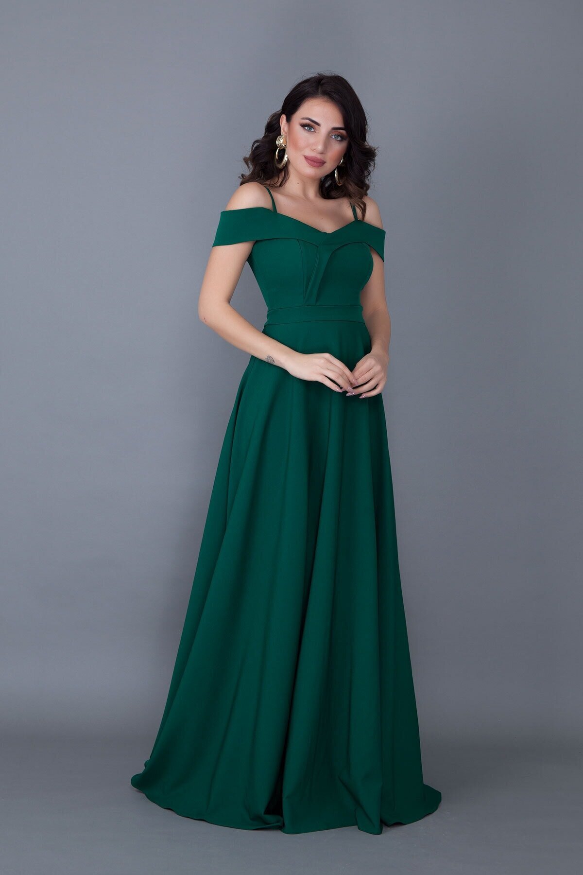 Long Flared Strappy Off-Shoulder Detail Evening Dress - Emerald Green - Bidoluelbise