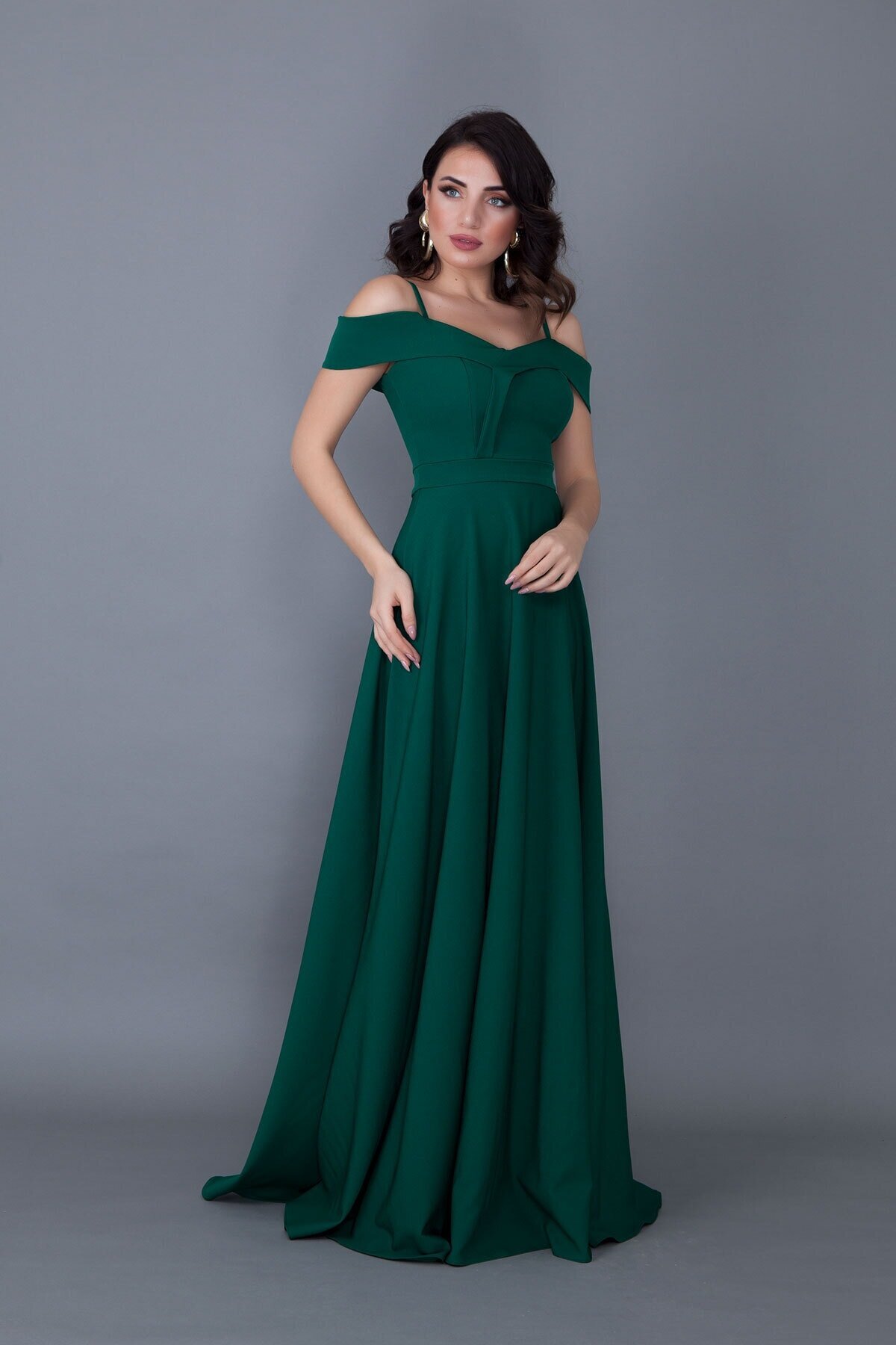 Long Flared Strappy Off-Shoulder Detail Evening Dress - Emerald Green - Bidoluelbise