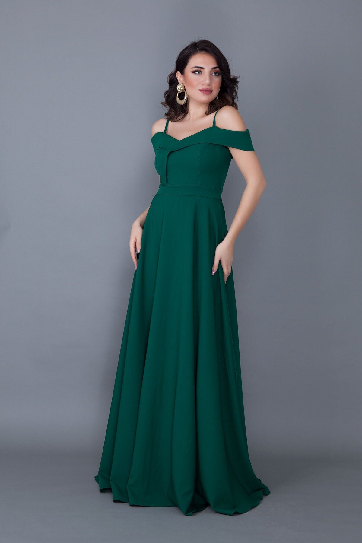 Long Flared Strappy Off-Shoulder Detail Evening Dress - Emerald Green - Bidoluelbise