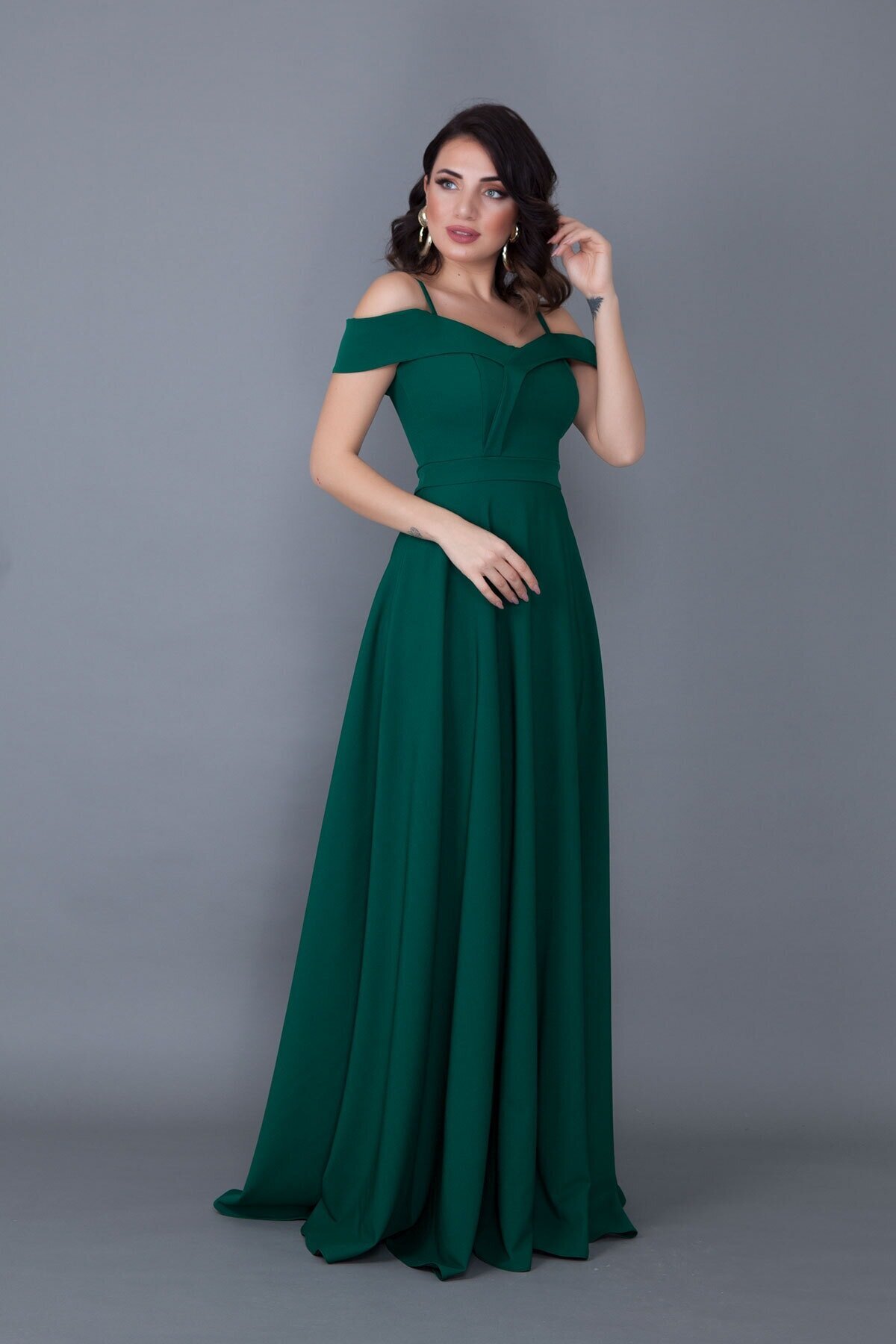 Long Flared Strappy Off-Shoulder Detail Evening Dress - Emerald Green - Bidoluelbise