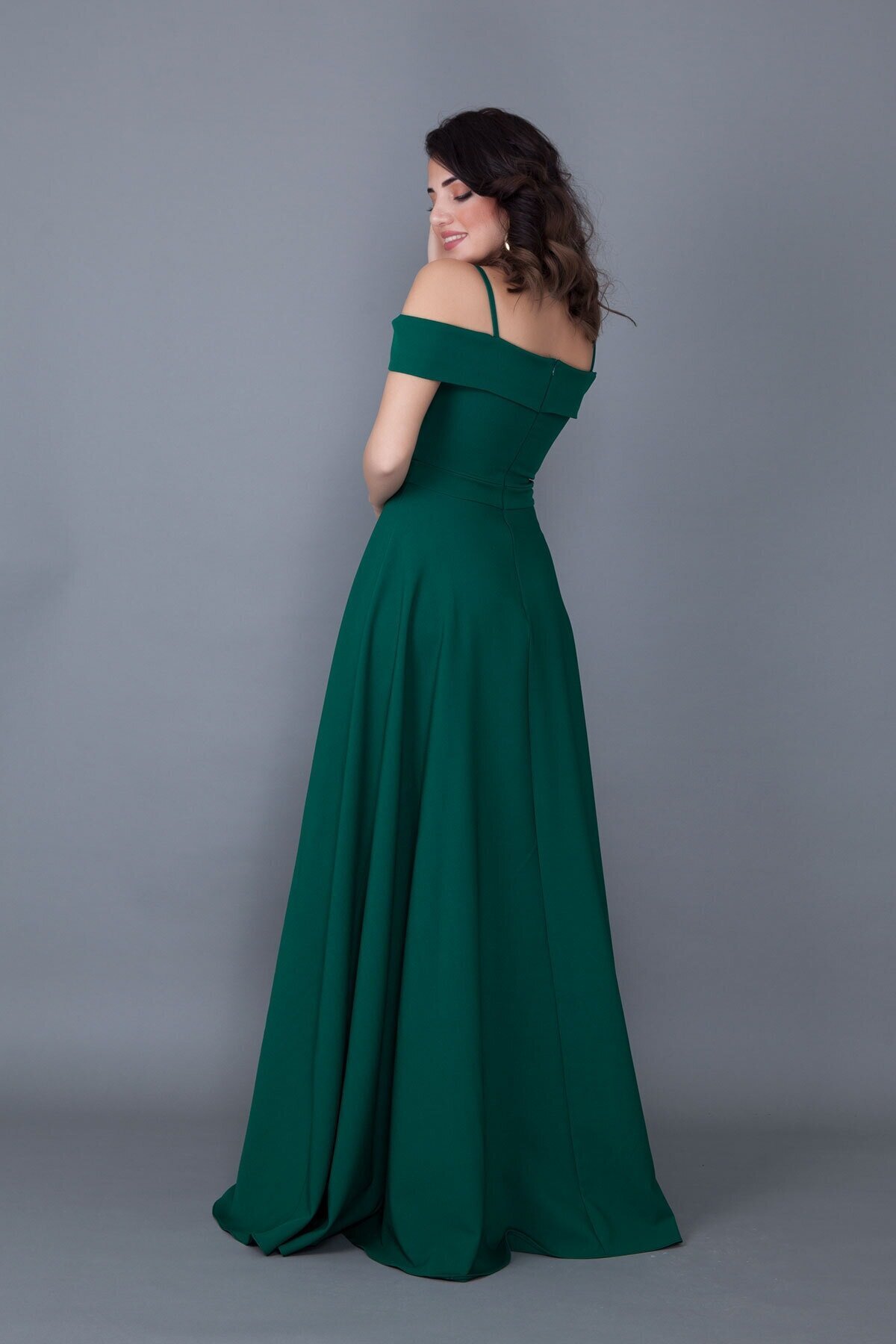 Long Flared Strappy Off-Shoulder Detail Evening Dress - Emerald Green - Bidoluelbise