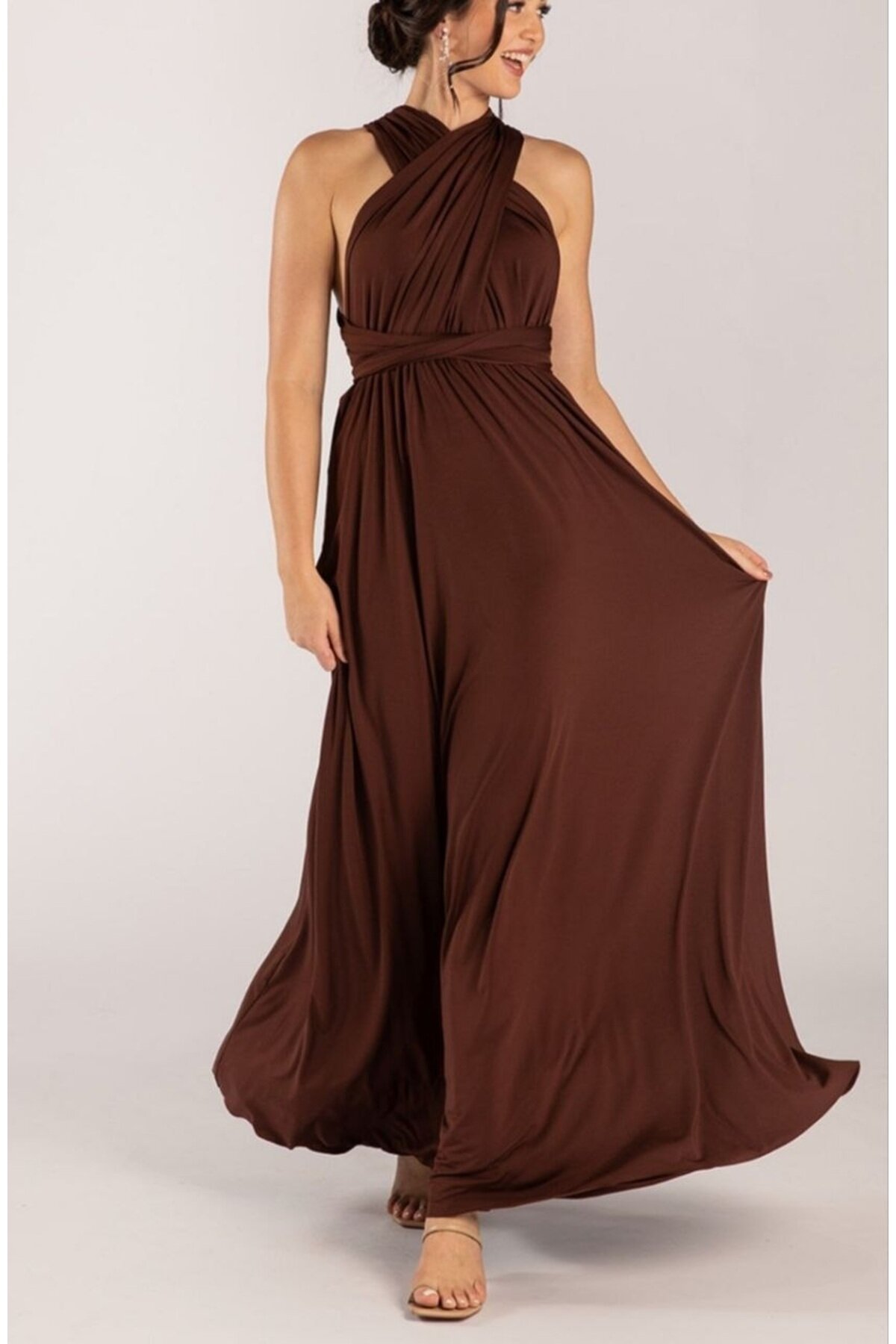 Long Flared Tie-Collar Dress - Brown - Charango