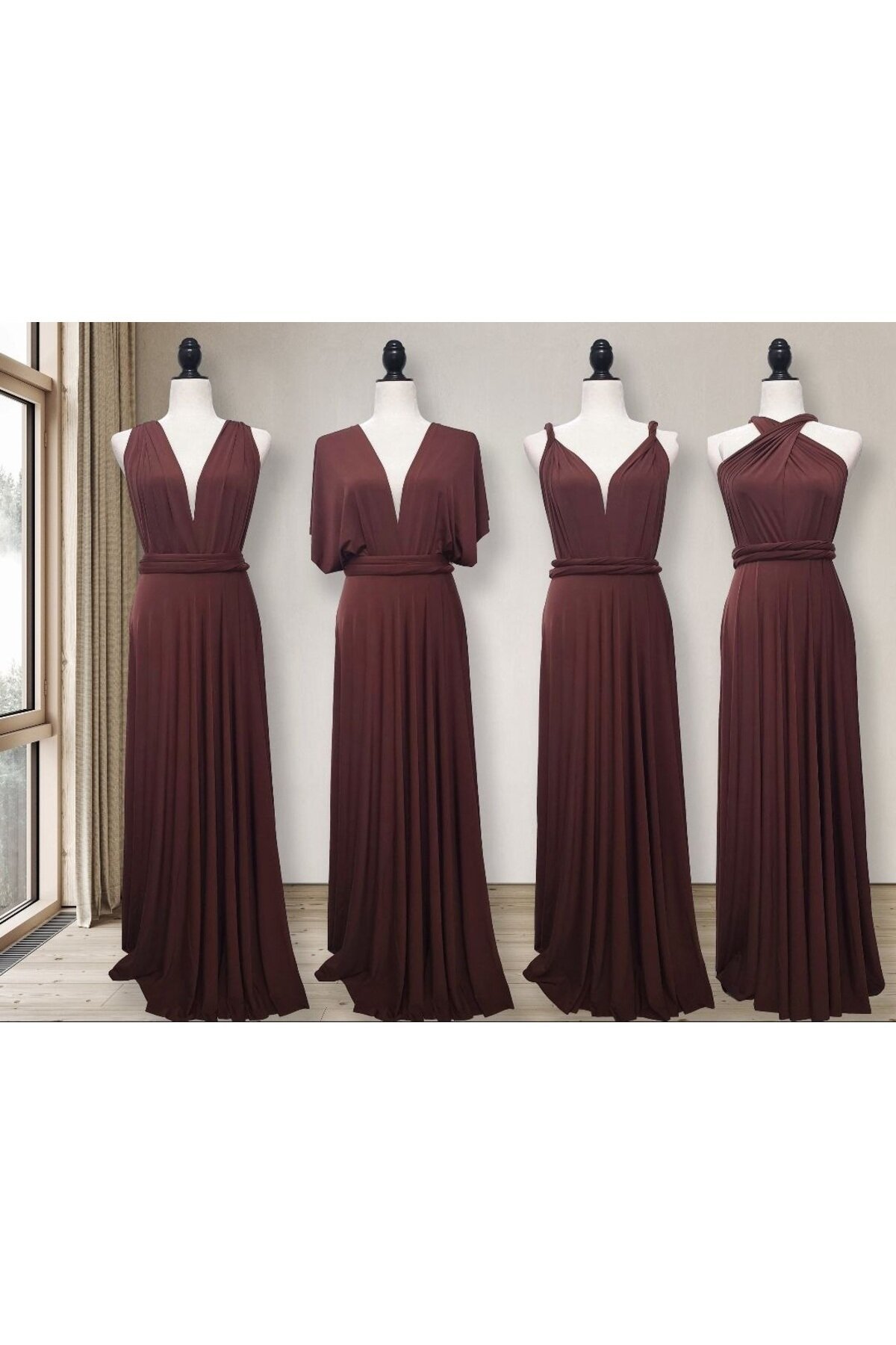 Long Flared Tie-Collar Dress - Brown - Charango