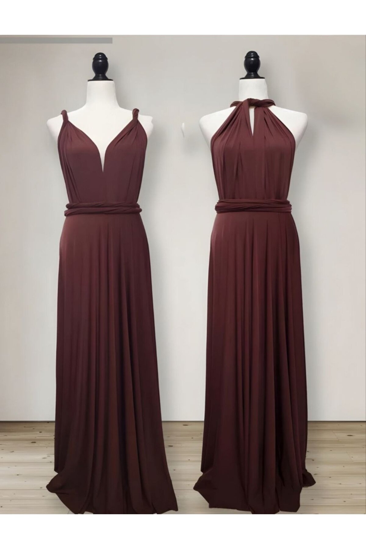 Long Flared Tie-Collar Dress - Brown - Charango