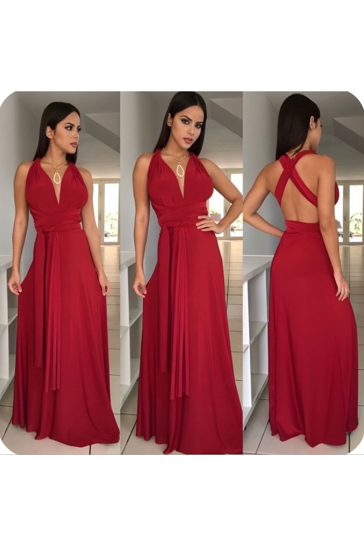 Flare Backless Evening Dress - Red - Charango