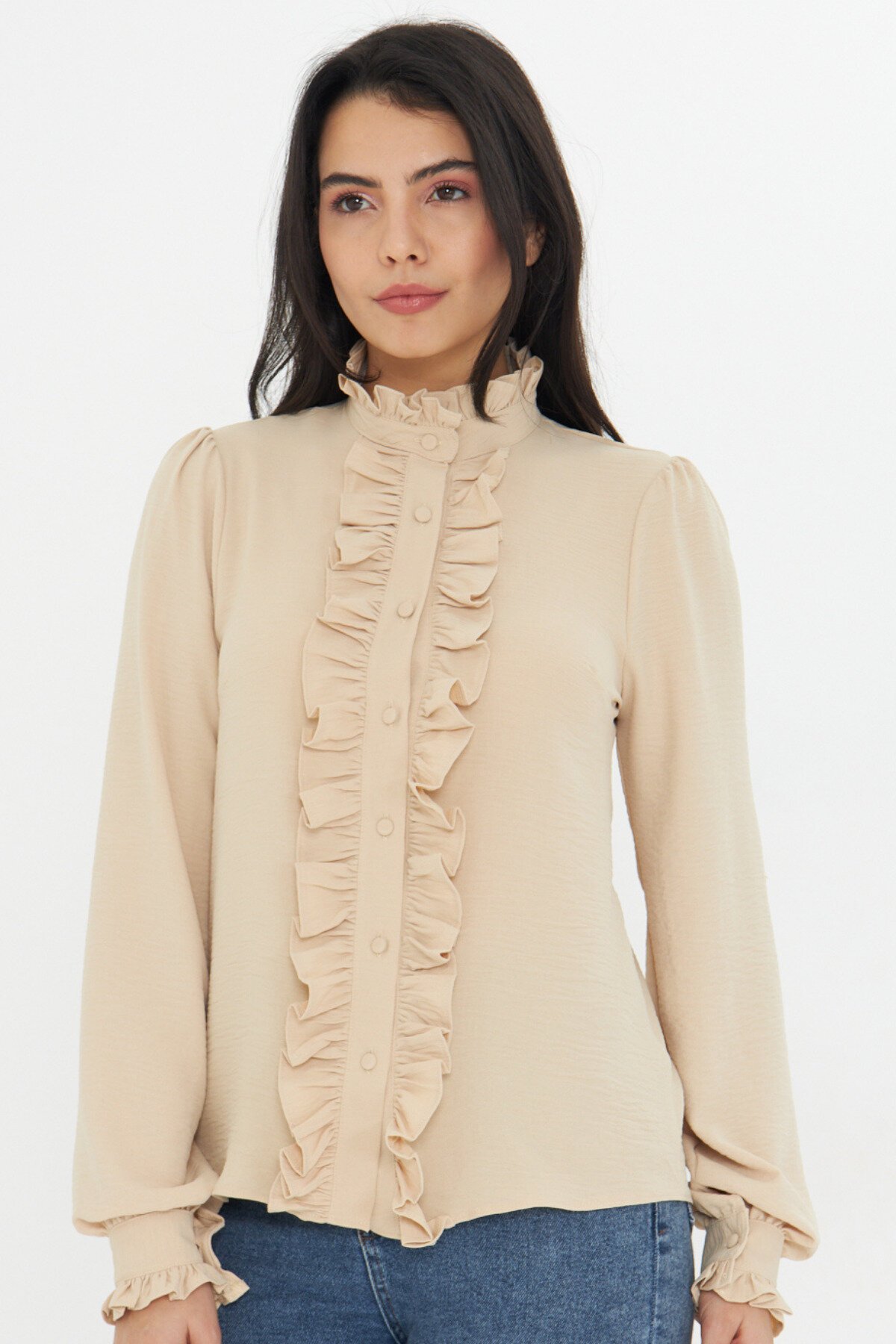 Mandarin Collar Ruffle Detail Shirt - Beige - Genel Markalar