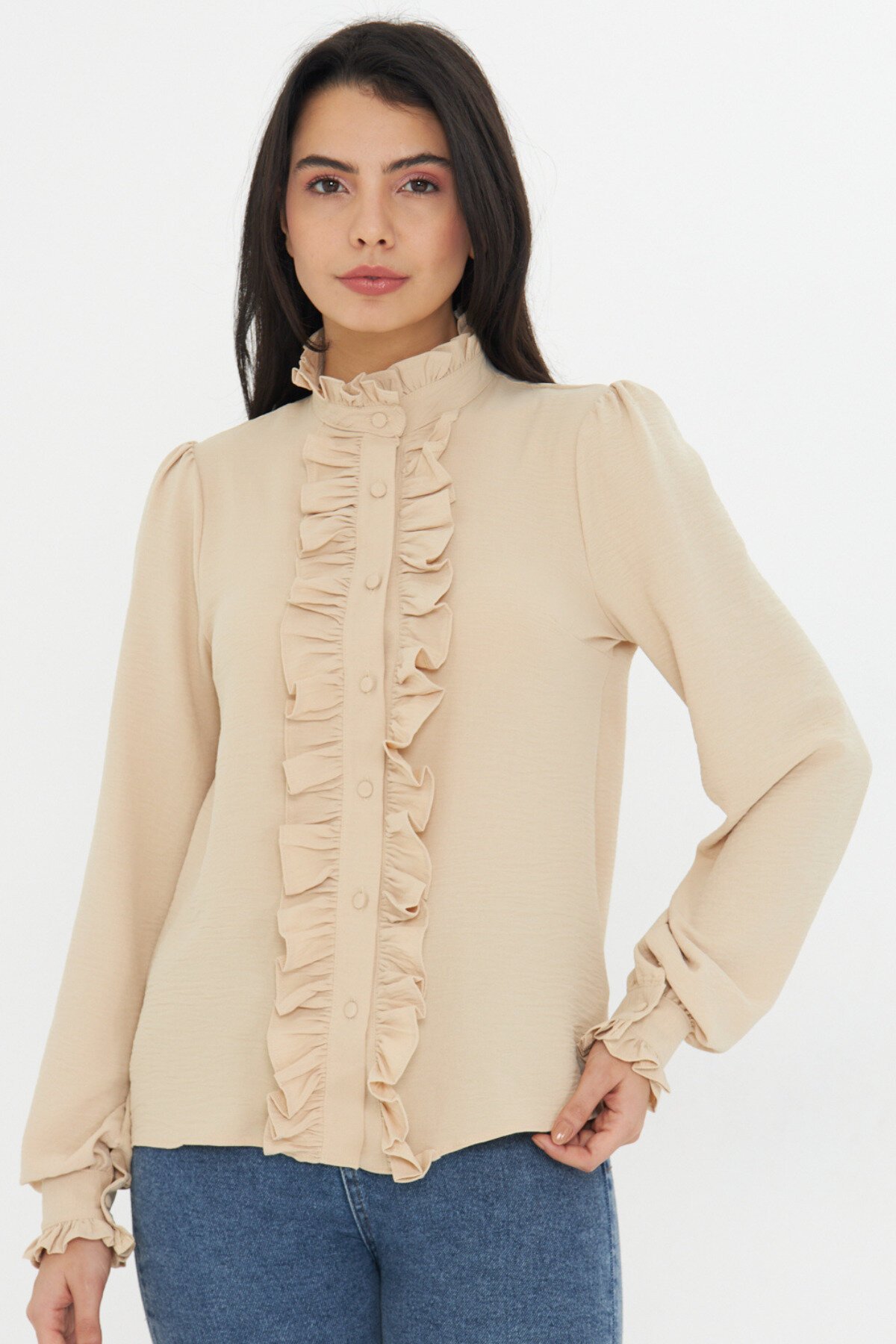 Mandarin Collar Ruffle Detail Shirt - Beige - Genel Markalar
