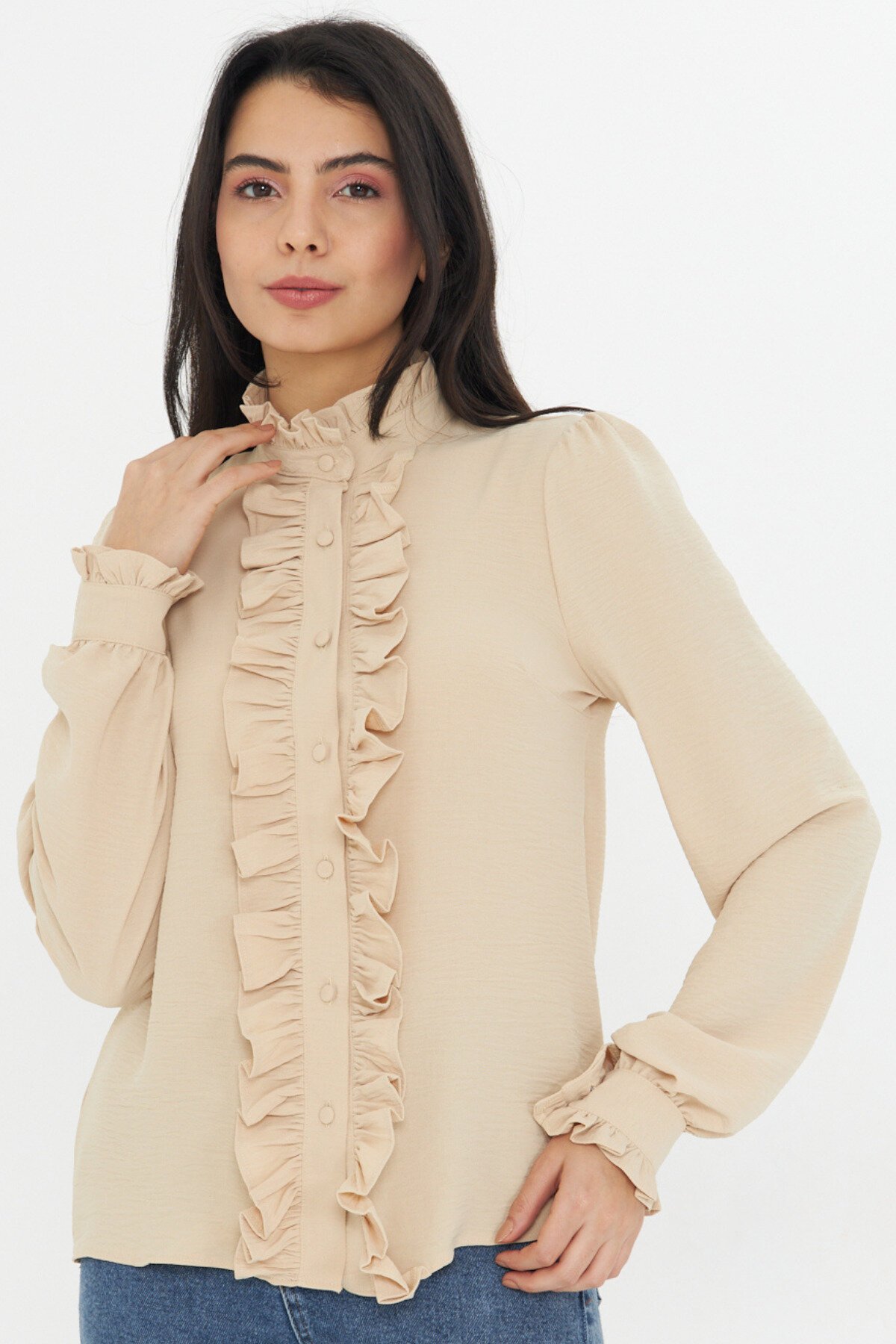 Mandarin Collar Ruffle Detail Shirt - Beige - Genel Markalar