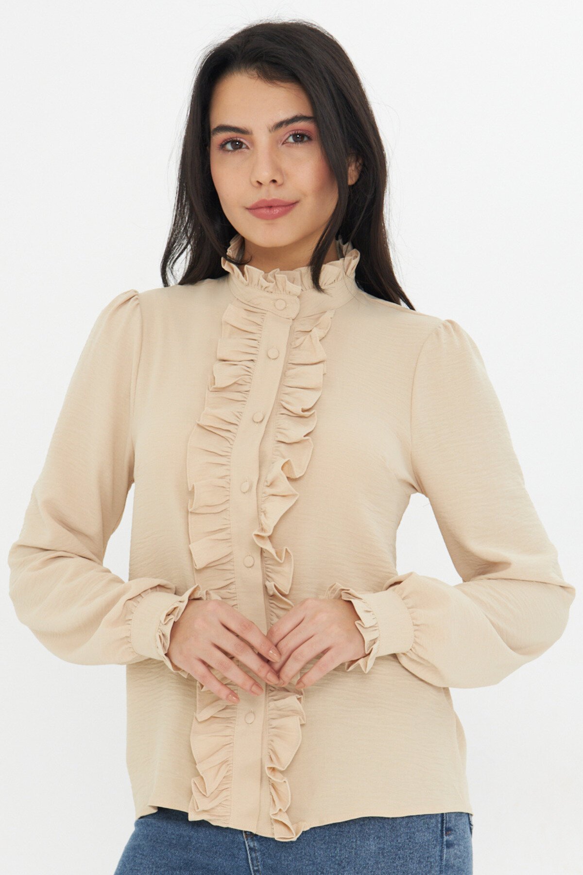 Mandarin Collar Ruffle Detail Shirt - Beige - Genel Markalar