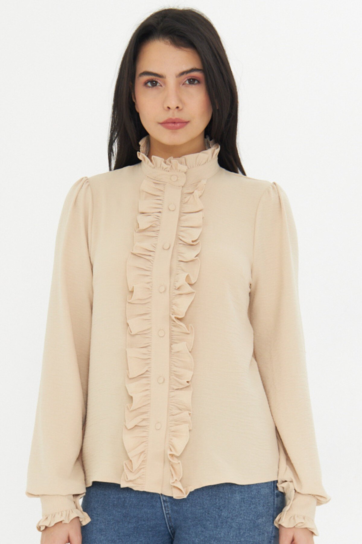 Mandarin Collar Ruffle Detail Shirt - Beige - Genel Markalar