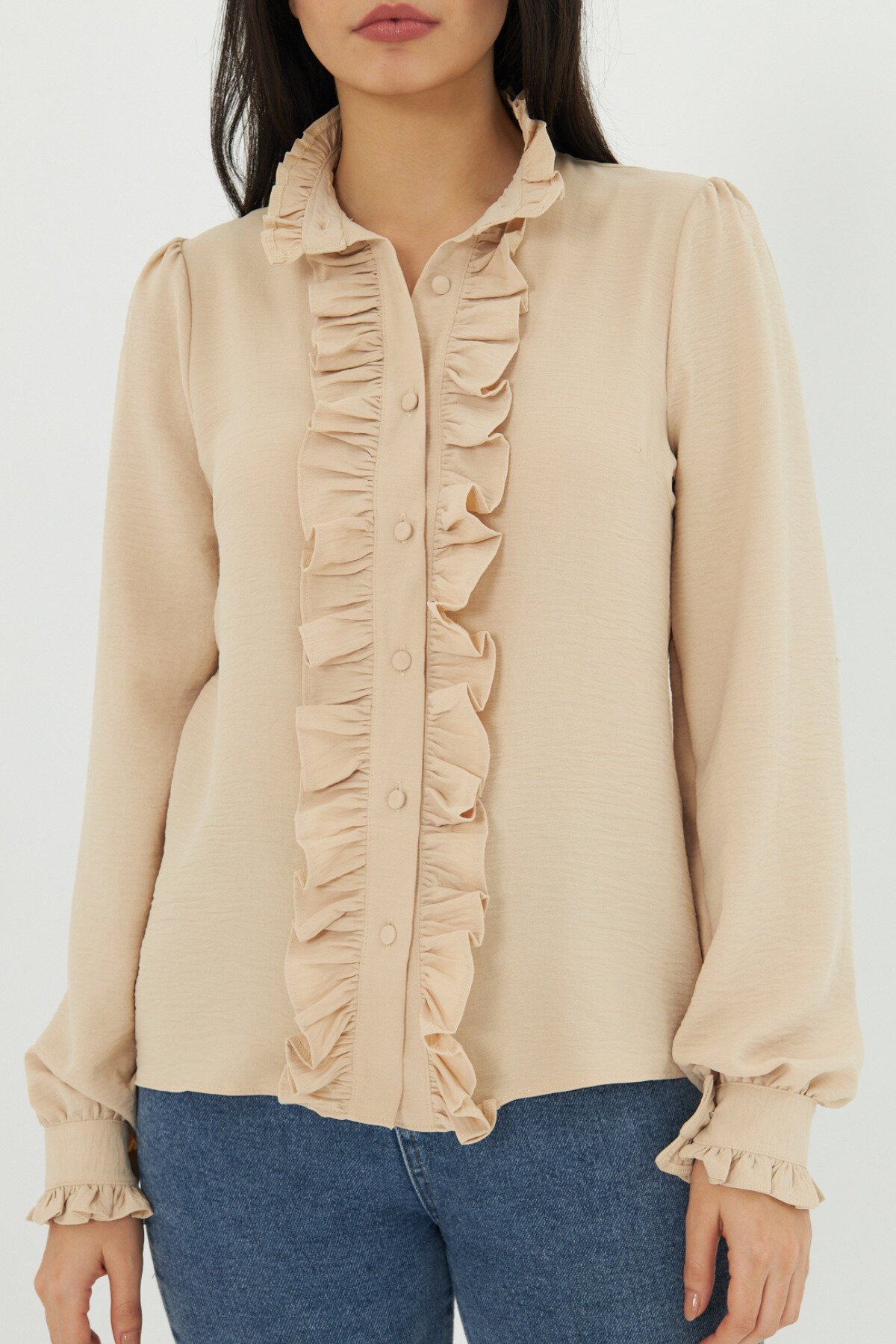 Mandarin Collar Ruffle Detail Shirt - Beige - Genel Markalar