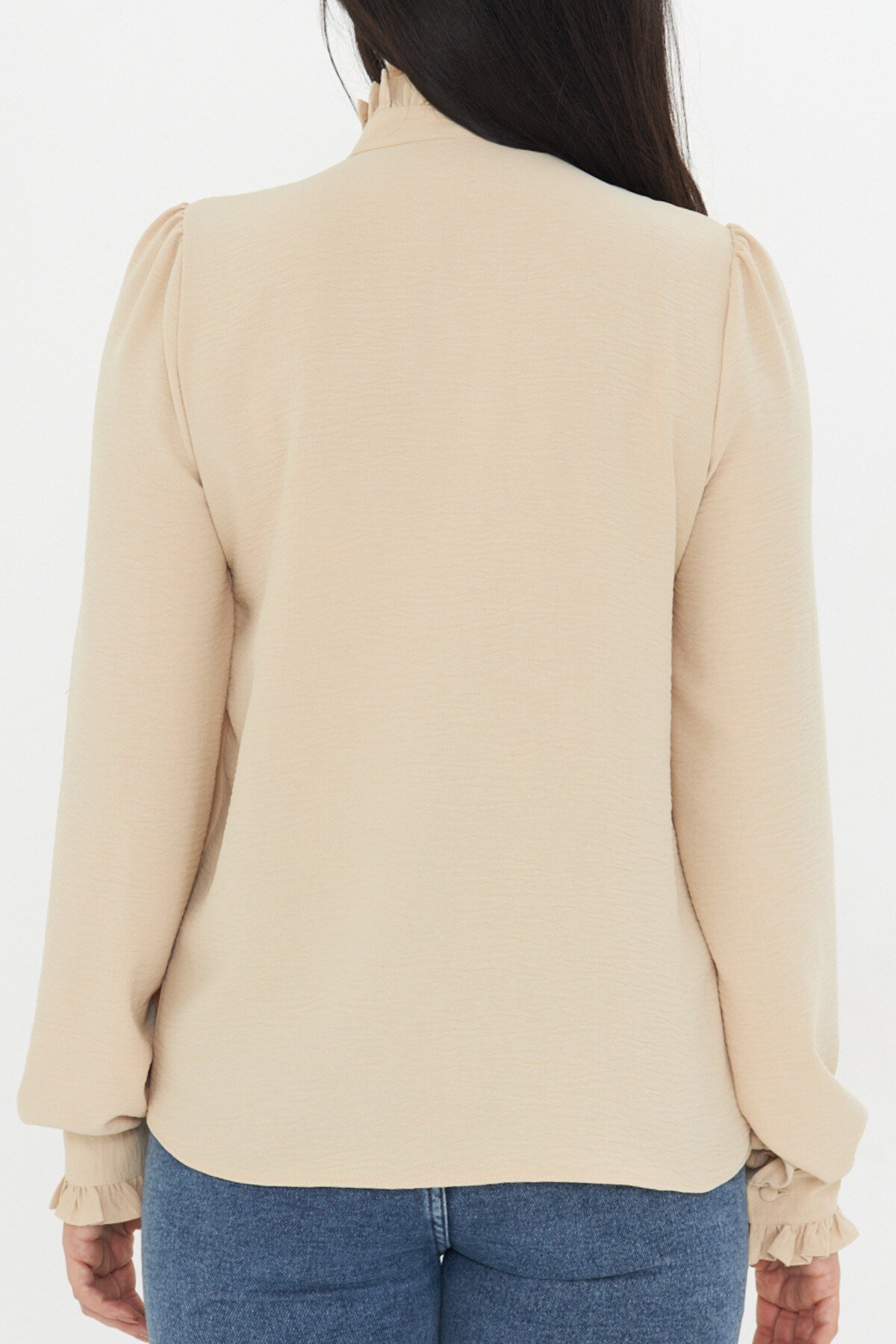 Mandarin Collar Ruffle Detail Shirt - Beige - Genel Markalar