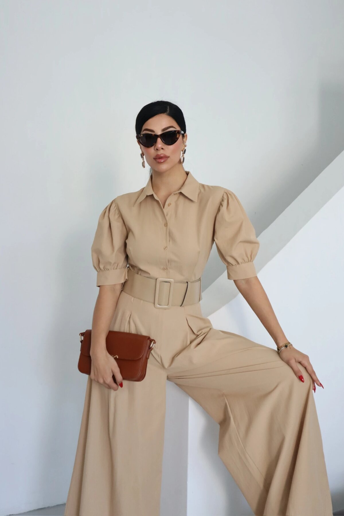Half-Sleeve Belted Jumpsuit - Beige - Genel Markalar