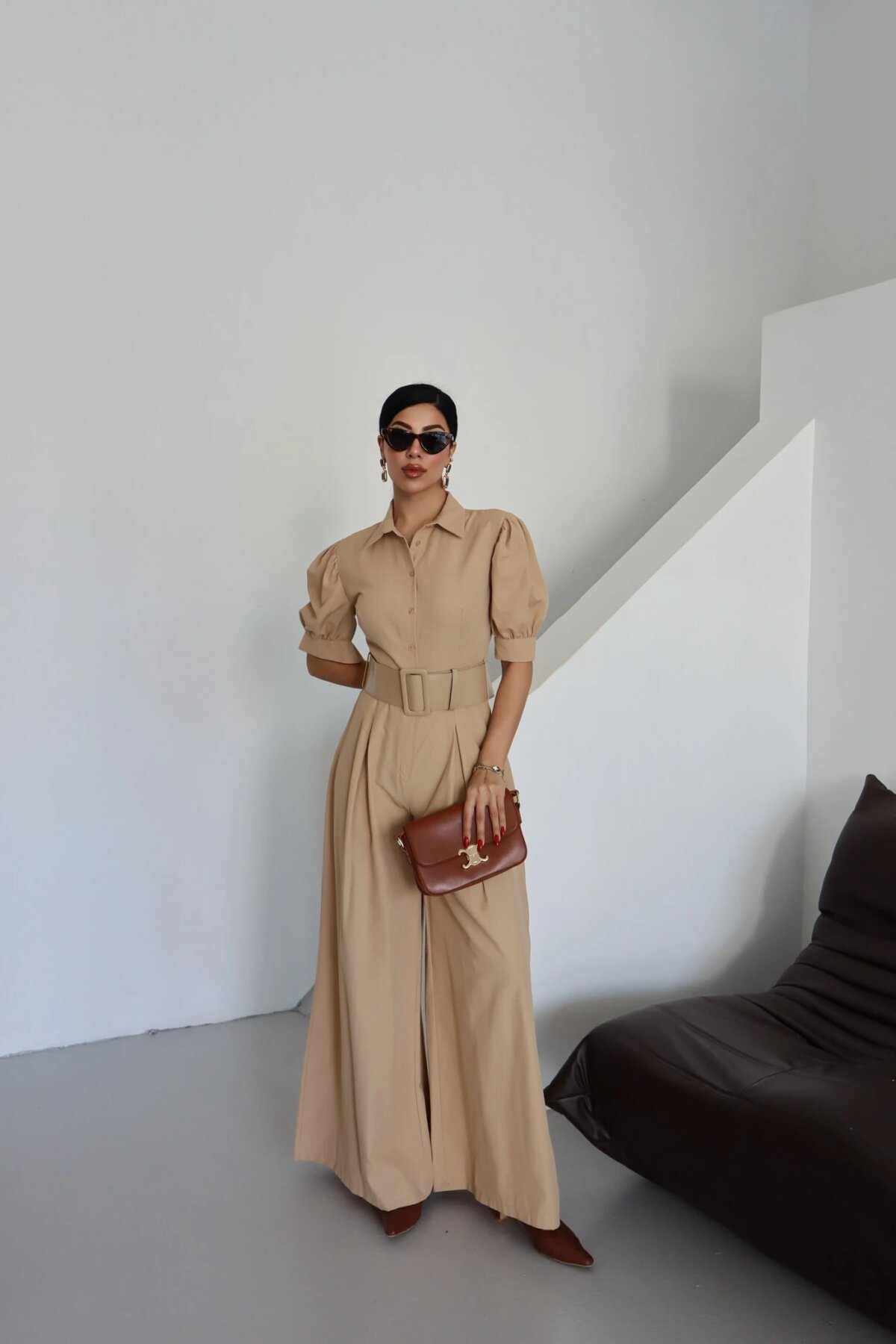 Half-Sleeve Belted Jumpsuit - Beige - Genel Markalar