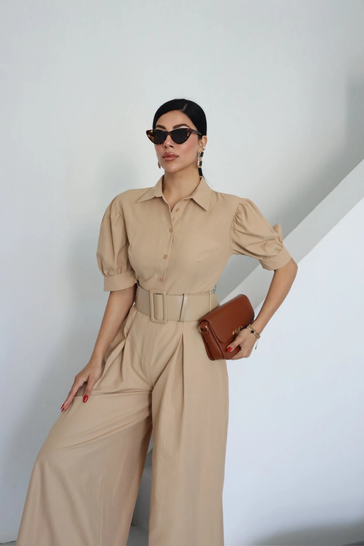 Half-Sleeve Belted Jumpsuit - Beige - Genel Markalar