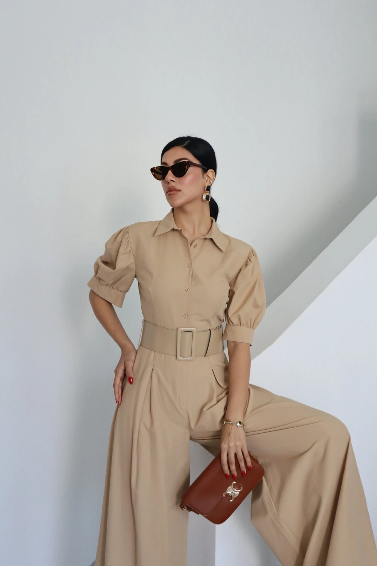 Half-Sleeve Belted Jumpsuit - Beige - Genel Markalar