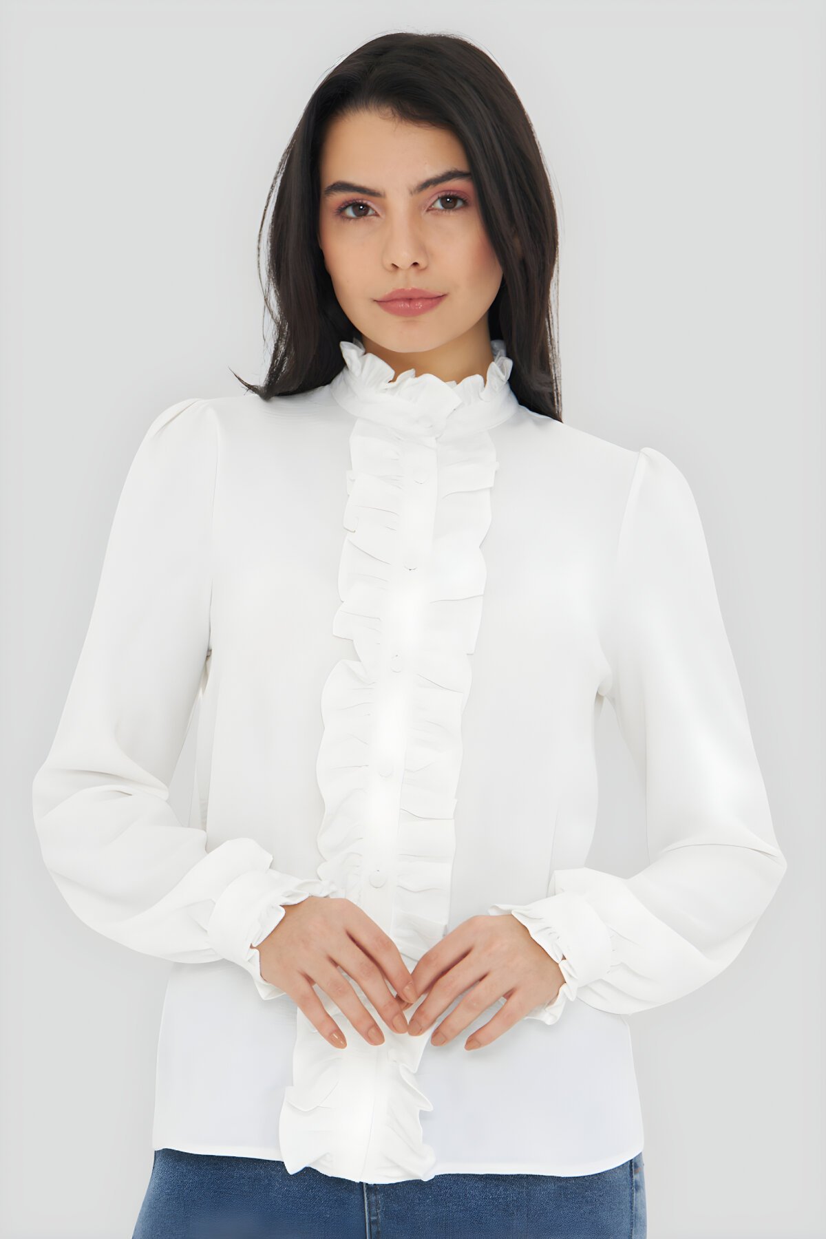 Beyaz Hakim Yaka Uzun Kol Fırfır Detay Gömlek - Genel Markalar