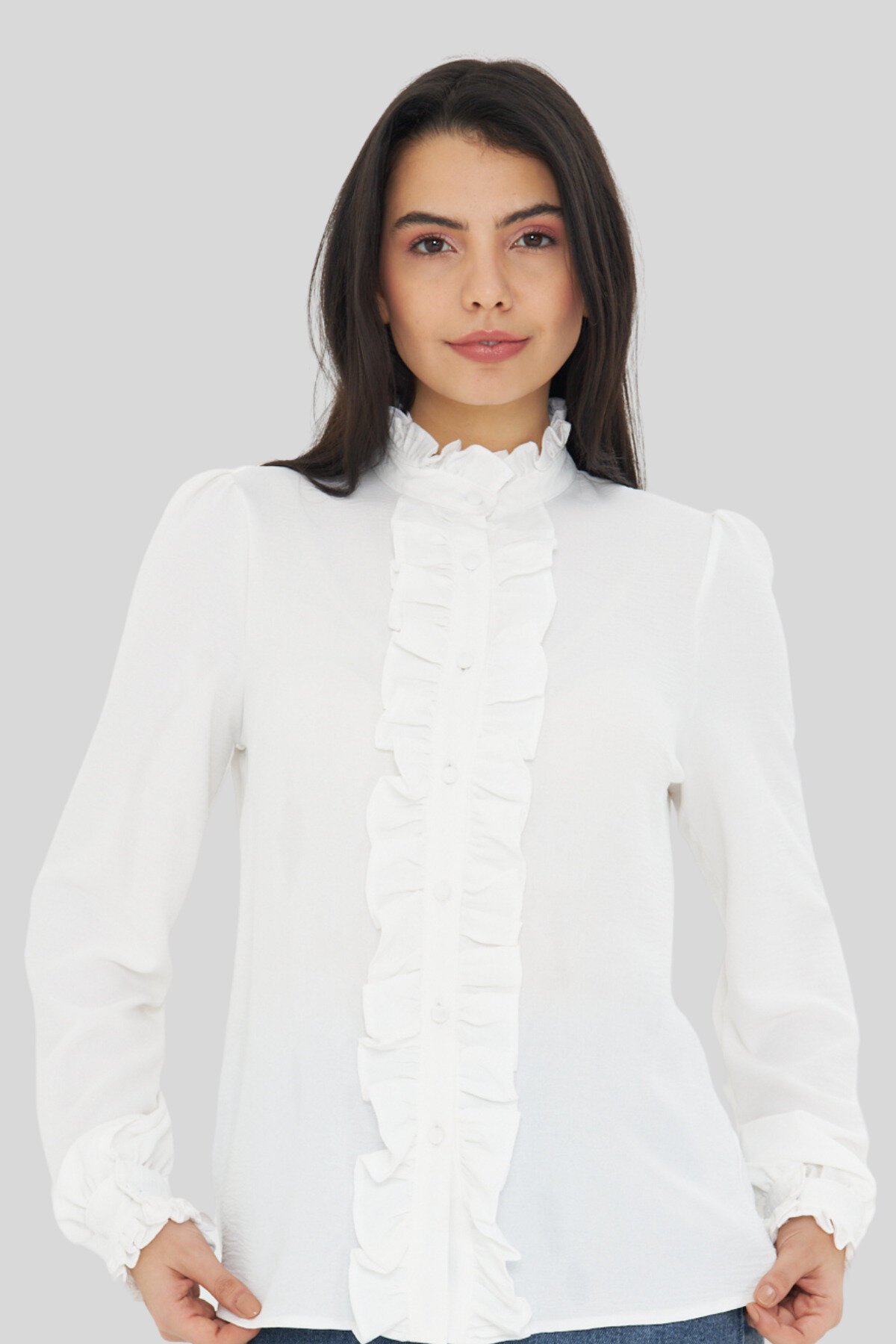 Long Sleeve Ruffle Detail Mandarin Collar Shirt - White - Genel Markalar