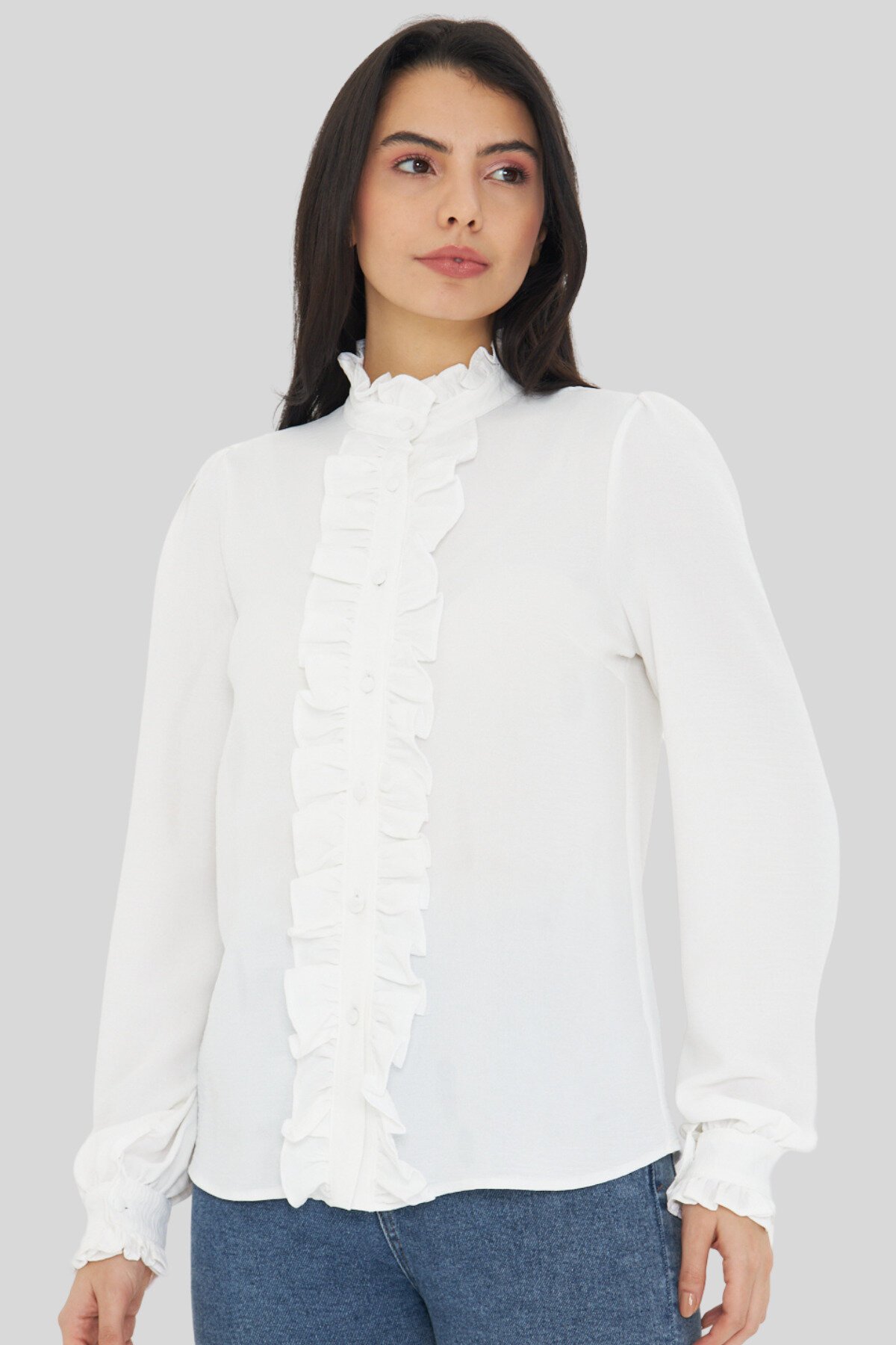 Long Sleeve Ruffle Detail Mandarin Collar Shirt - White - Genel Markalar