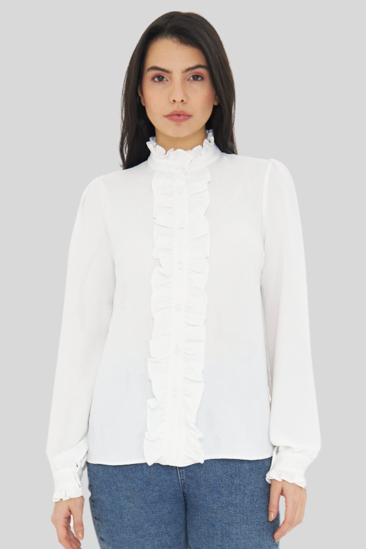 Long Sleeve Ruffle Detail Mandarin Collar Shirt - White - Genel Markalar